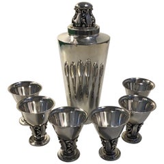 Evald Nielsen Sterling Silver Cocktailshaker and Six Drinking Cups