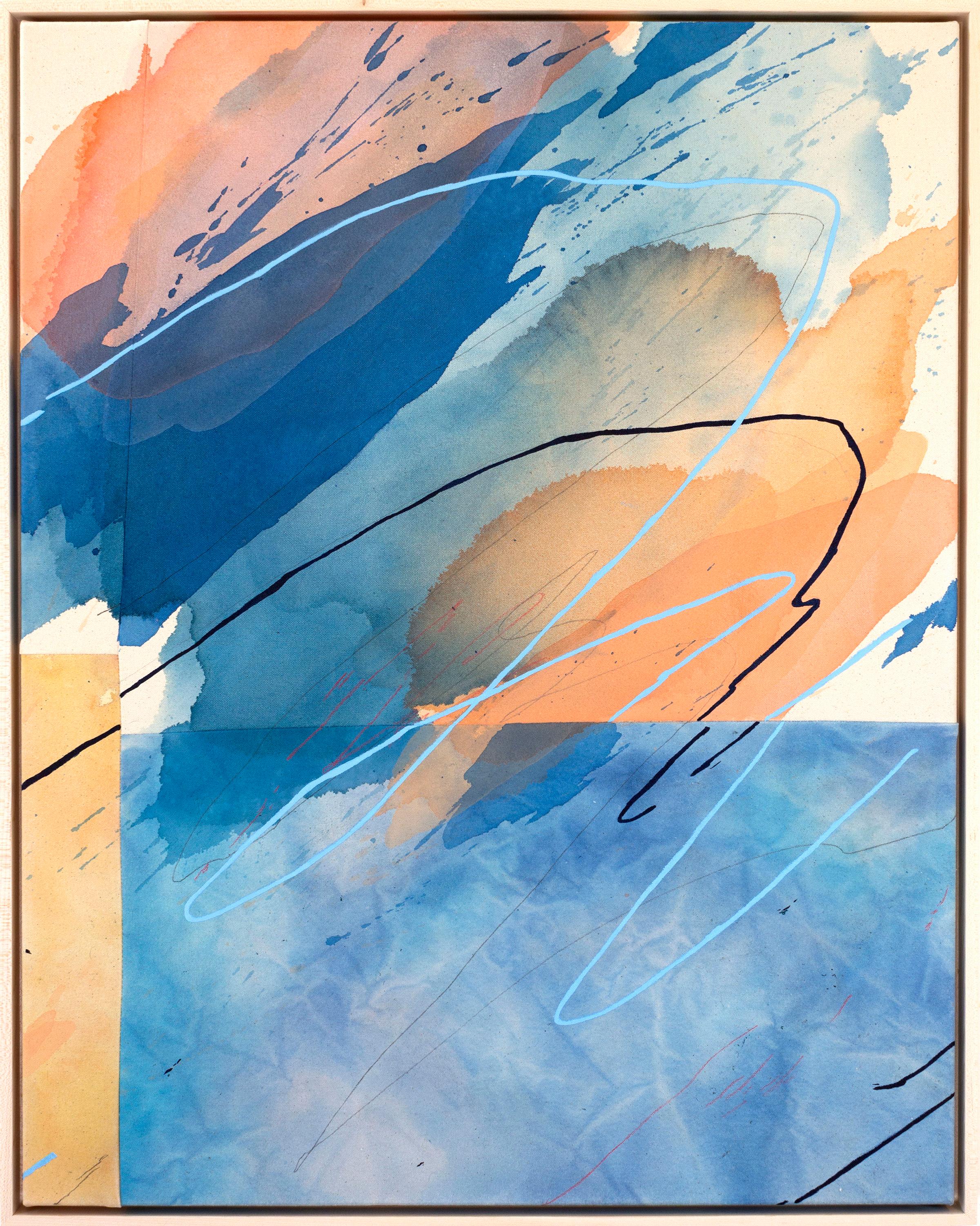 This work on canvas is a mixed media abstract work featuring hues of blue and orange.
Framed in a nature floater frame measuring 31.25 by 25.25 inches.

Evan is inspired by the works of Frank Bowling, Helen Frankenthaler, Candida Alvarez and Dorothy