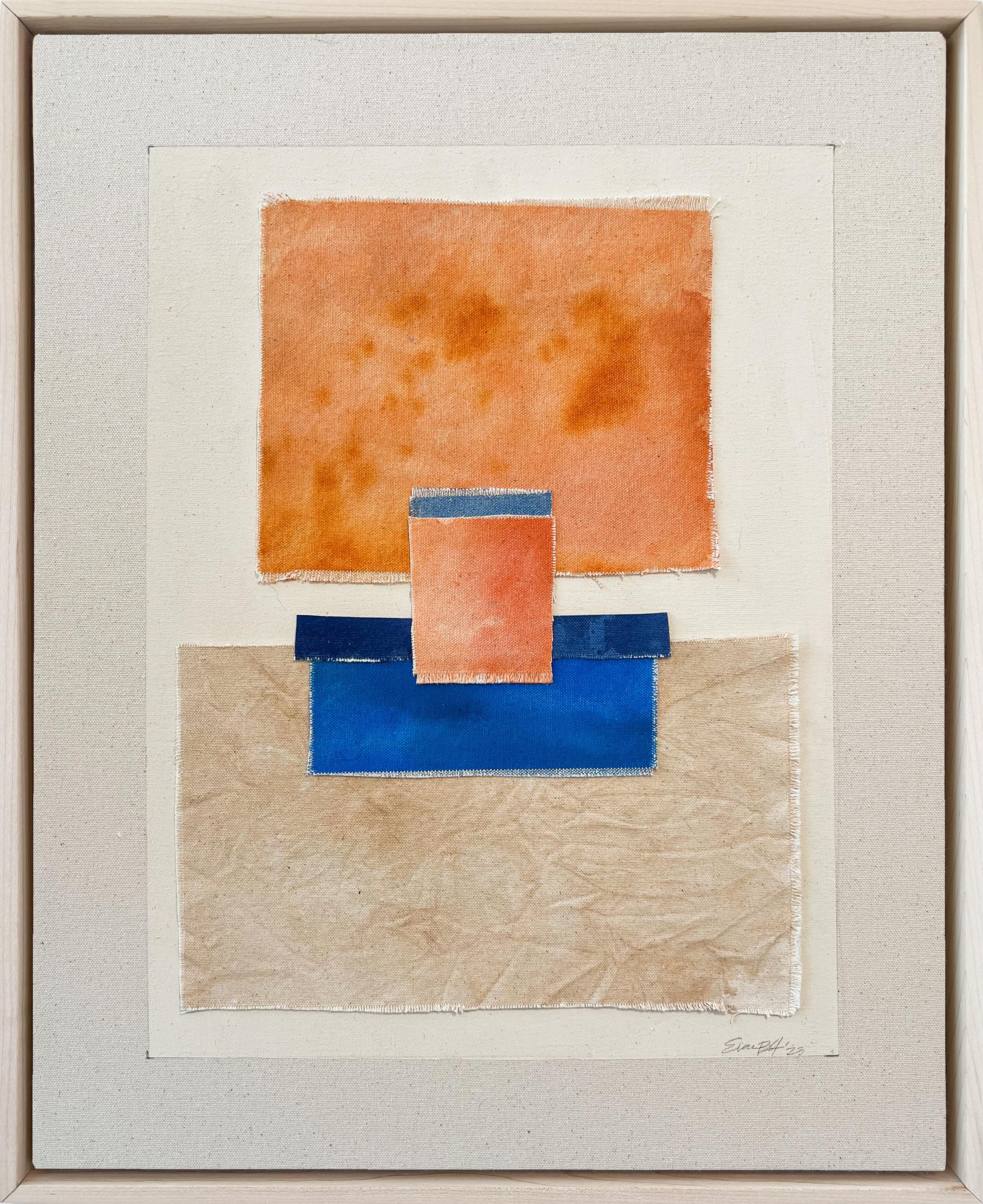 This work on canvas is a mixed media abstract work featuring hues of blue, orange, and tan.
Framed in a natural wood floater frame measuring 20 by 16 inches.

Evan is inspired by the works of Frank Bowling, Helen Frankenthaler, Candida Alvarez and