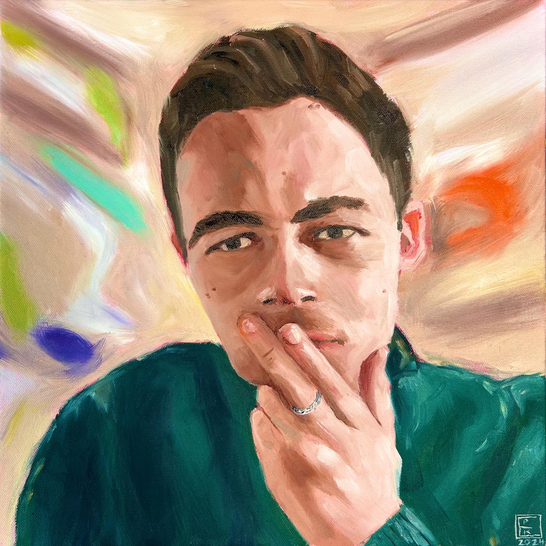 Nachdenklich (Self-Portrait im grünen Pullover) – Painting von Evan Kuhn