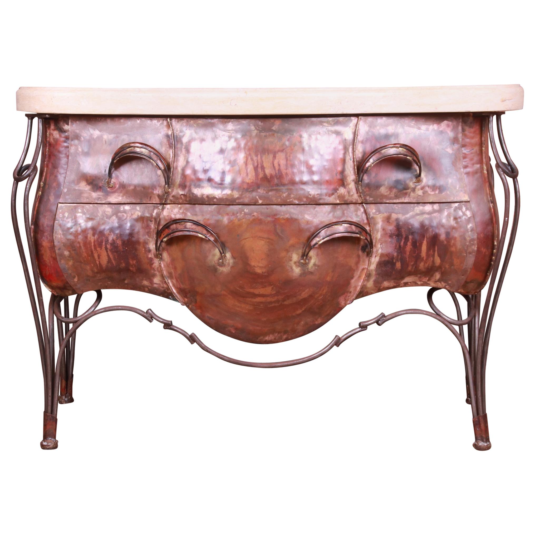 Evan Lewis Modern French Louis XV Marble Top Copper Bombe Chest For Sale