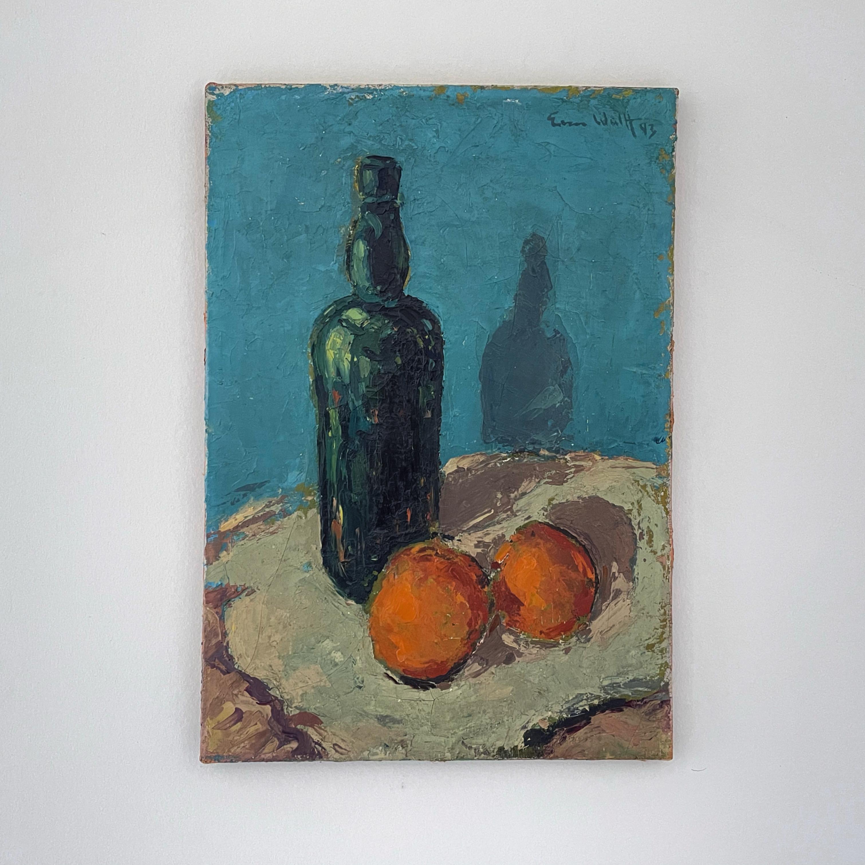 1943 War Period Textured Still Life Of Table With Oranges And Bottle For Sale 6