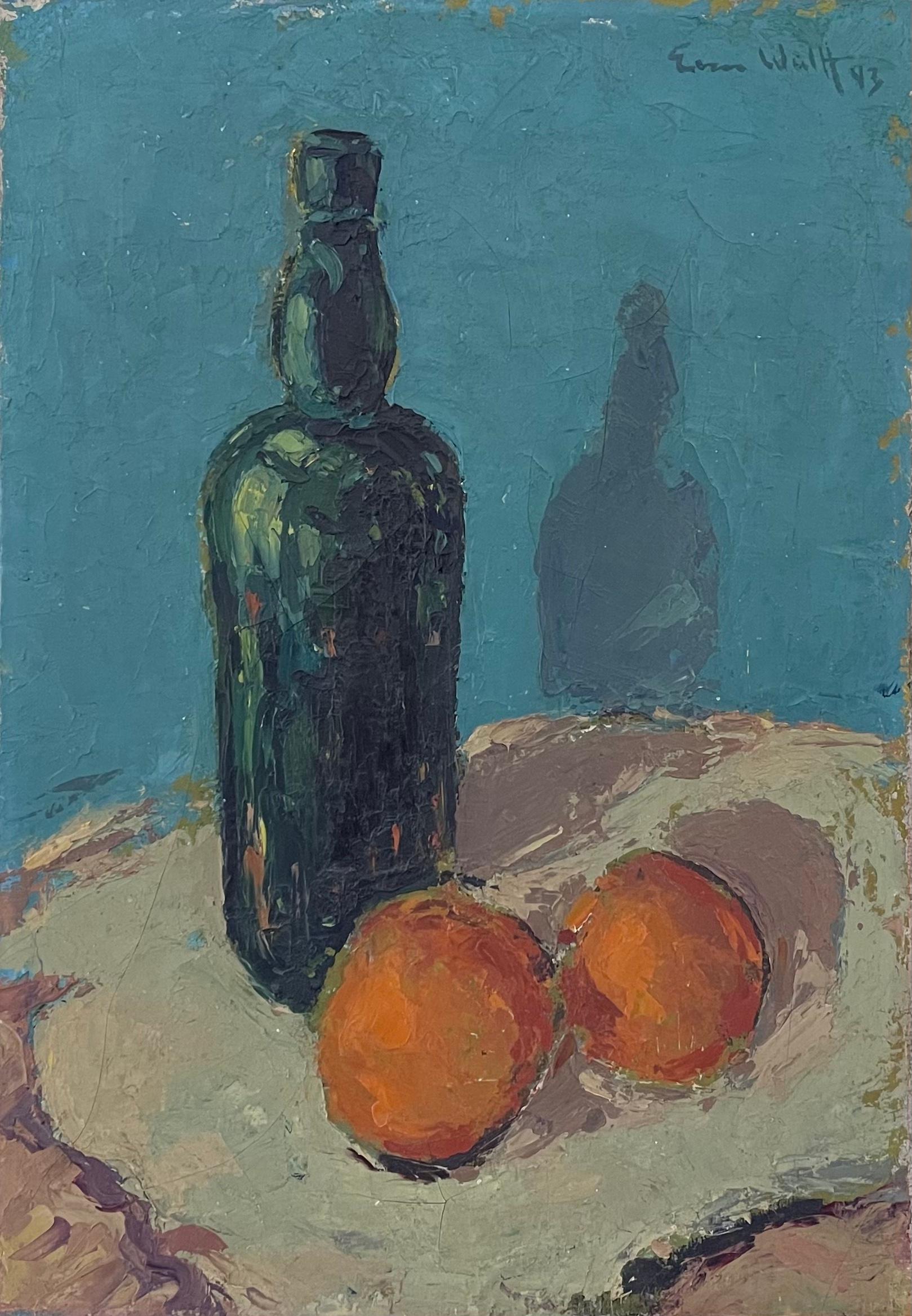 Still-Life Painting Evan Wulff - Nature morte texturée de la période de la guerre de 1943, table avec oranges et bouteille