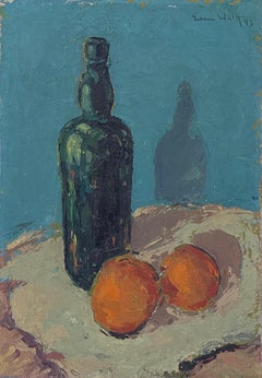 1943 War Period Textured Still Life Of Table With Oranges And Bottle