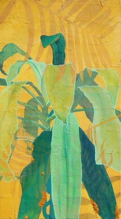 "Green Palm" Green and Yellow Abstract Contemporary Floral Still Life Painting