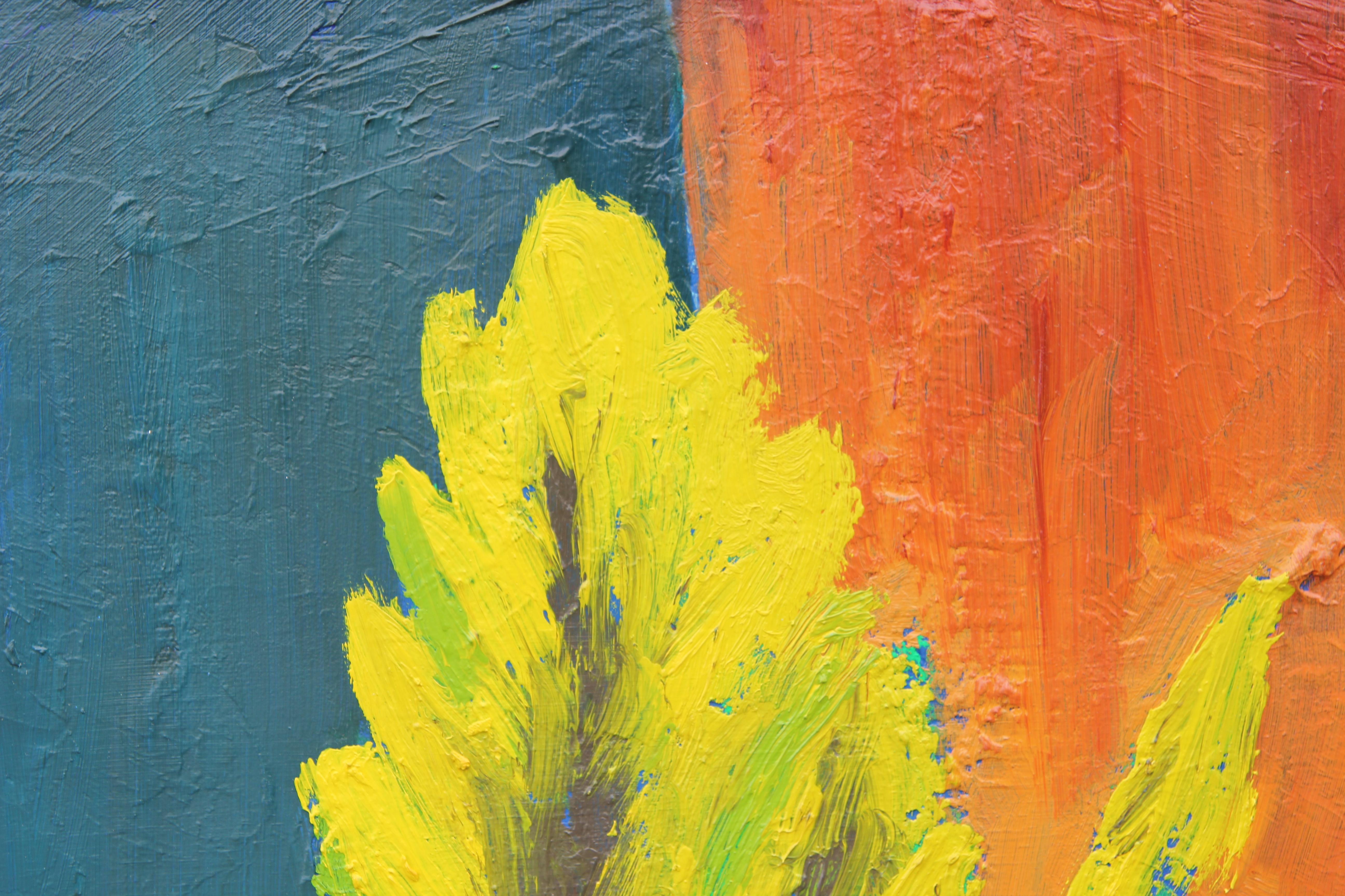 Blaue, orange und rosa getönte figurative Malerei der Künstlerin Evangeline Gichina aus Houston, Texas. Lebendiges Interieur-Stillleben, das verschiedene Zimmerpflanzen abbildet. Signiert, betitelt und datiert vom Künstler auf der Rückseite.
