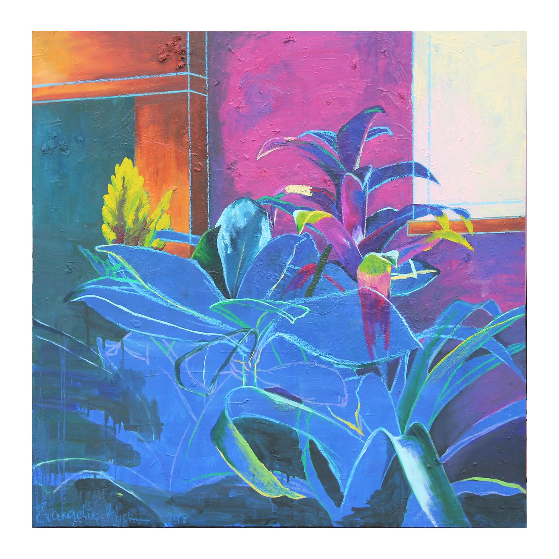 "House Plants (Blueprint)" Abstract Colorful Floral Interior Still Life Painting