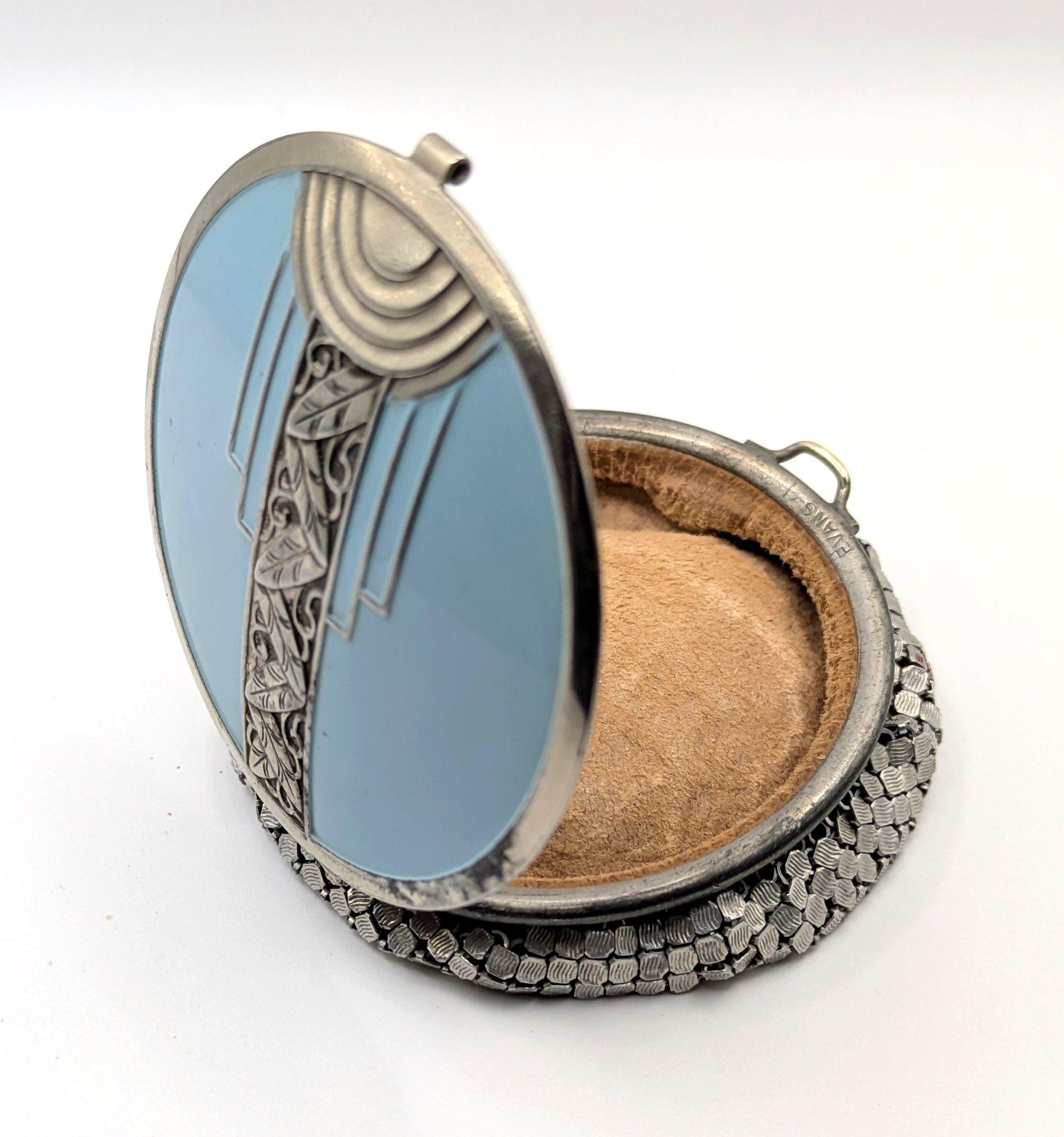 Americano Evans Art Deco Mesh Compact - Blue Enamel, Suede Lining, c1930 in vendita