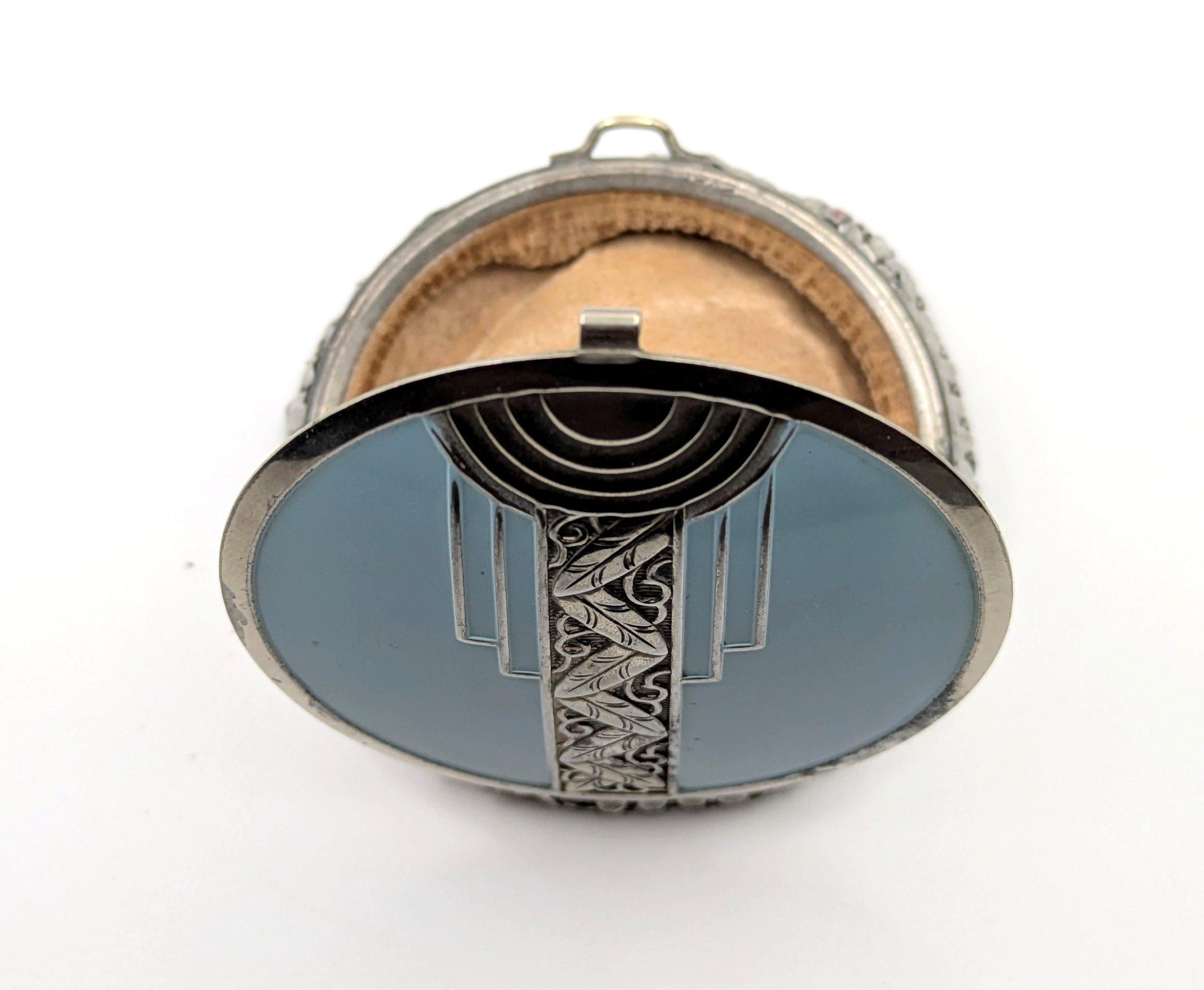 XX secolo Evans Art Deco Mesh Compact - Blue Enamel, Suede Lining, c1930 in vendita