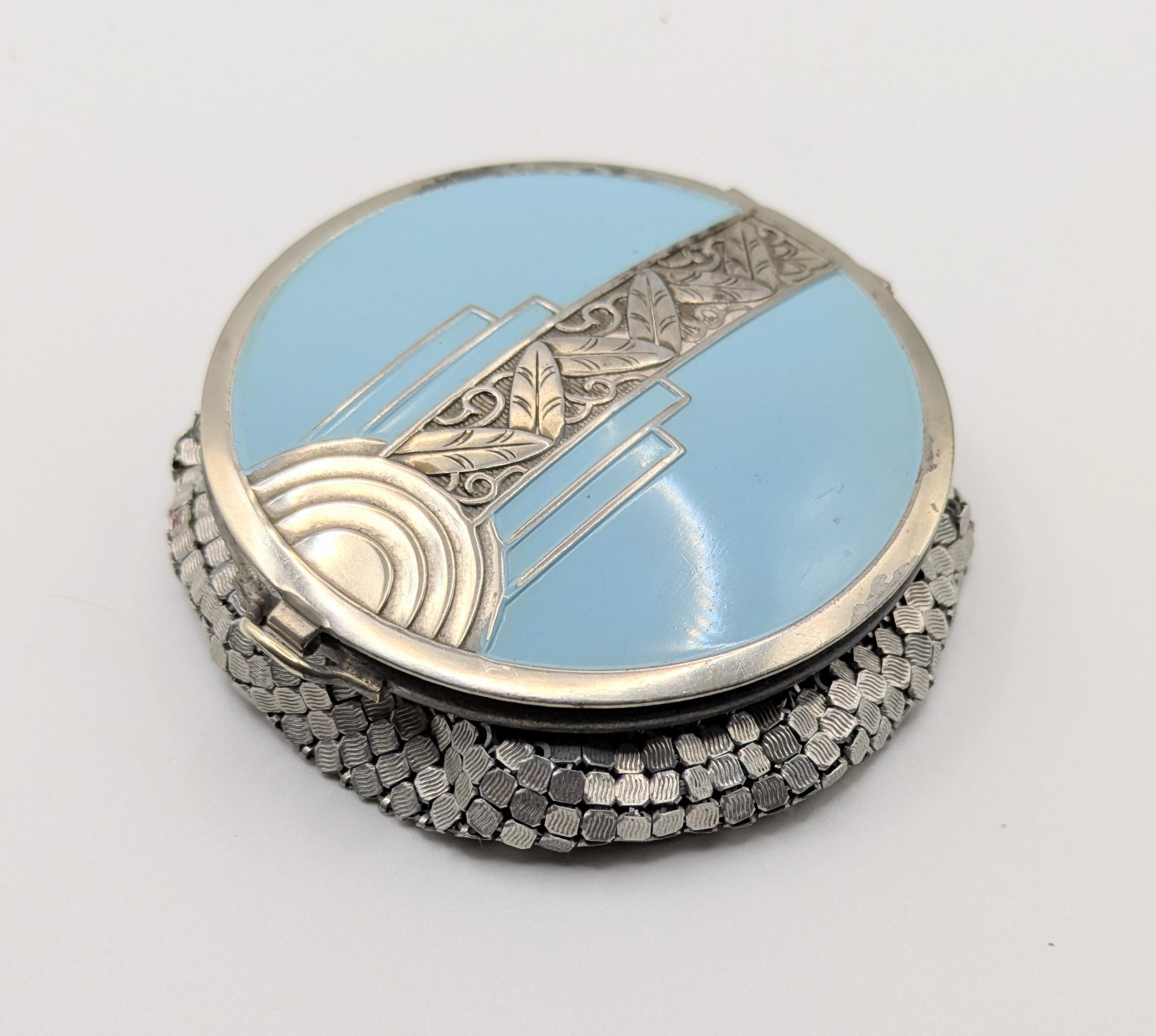 Smalto Evans Art Deco Mesh Compact - Blue Enamel, Suede Lining, c1930 in vendita