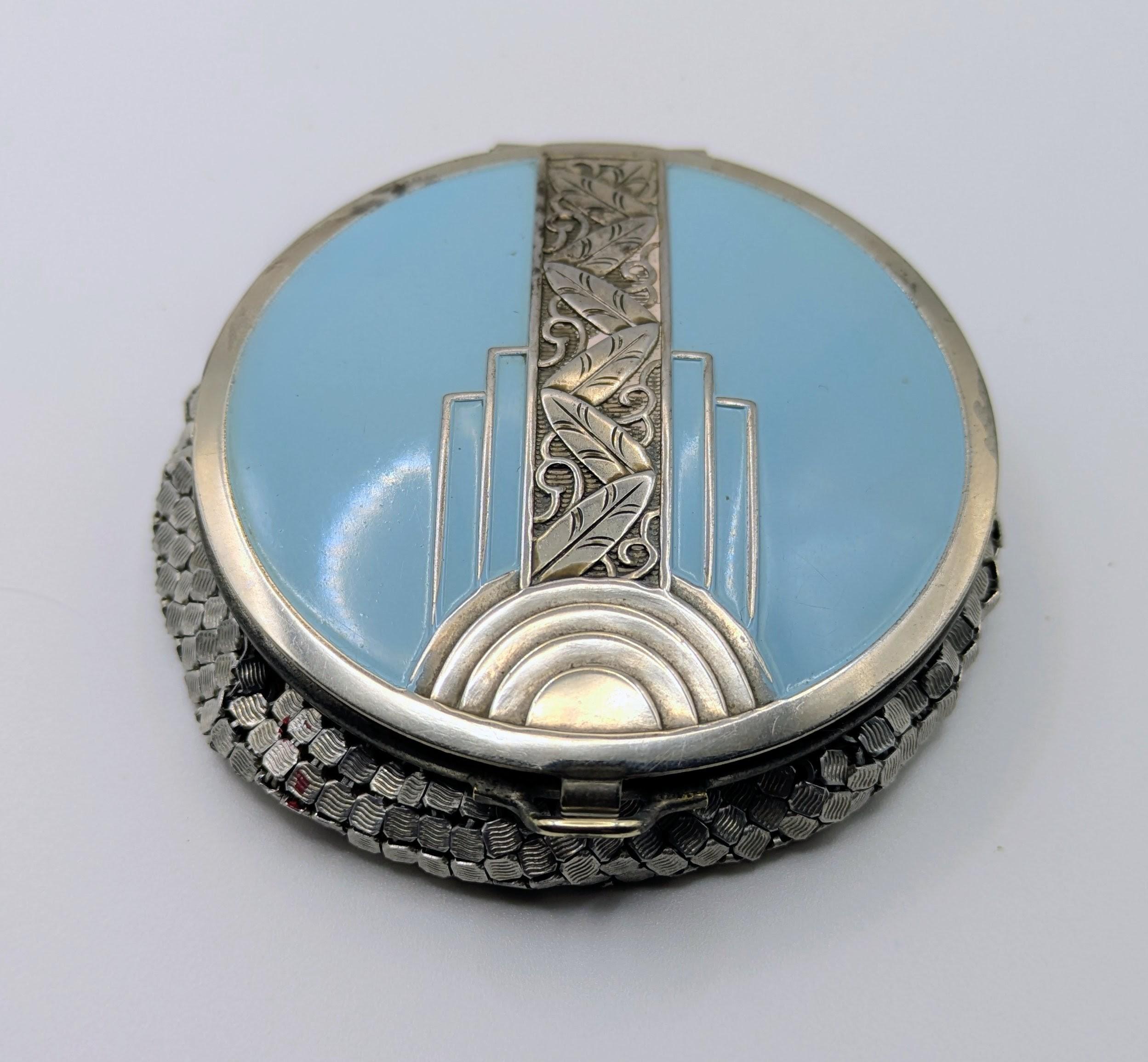 Evans Art Deco Mesh Compact - Blue Enamel, Suede Lining, c1930 in vendita 2