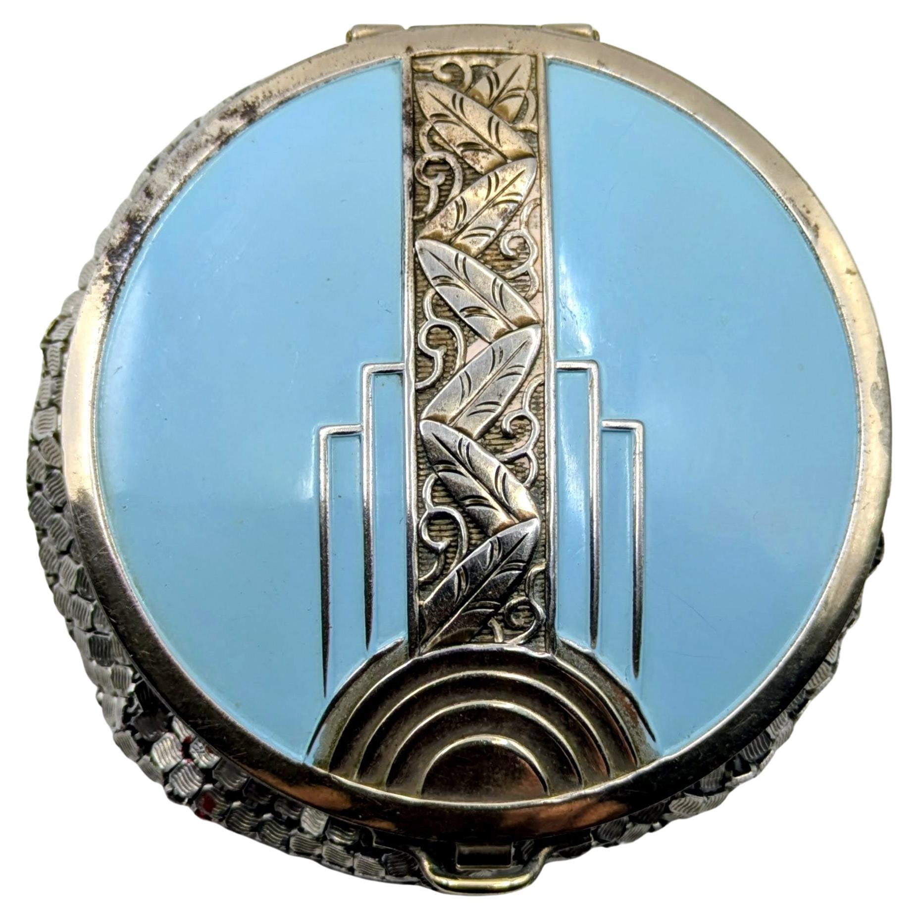 Evans Art Deco Mesh Compact - Blue Enamel, Suede Lining, c1930