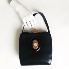 Evans Black Calf Handbag with Clock & Mirror Compact Deco Style 50s Vintage