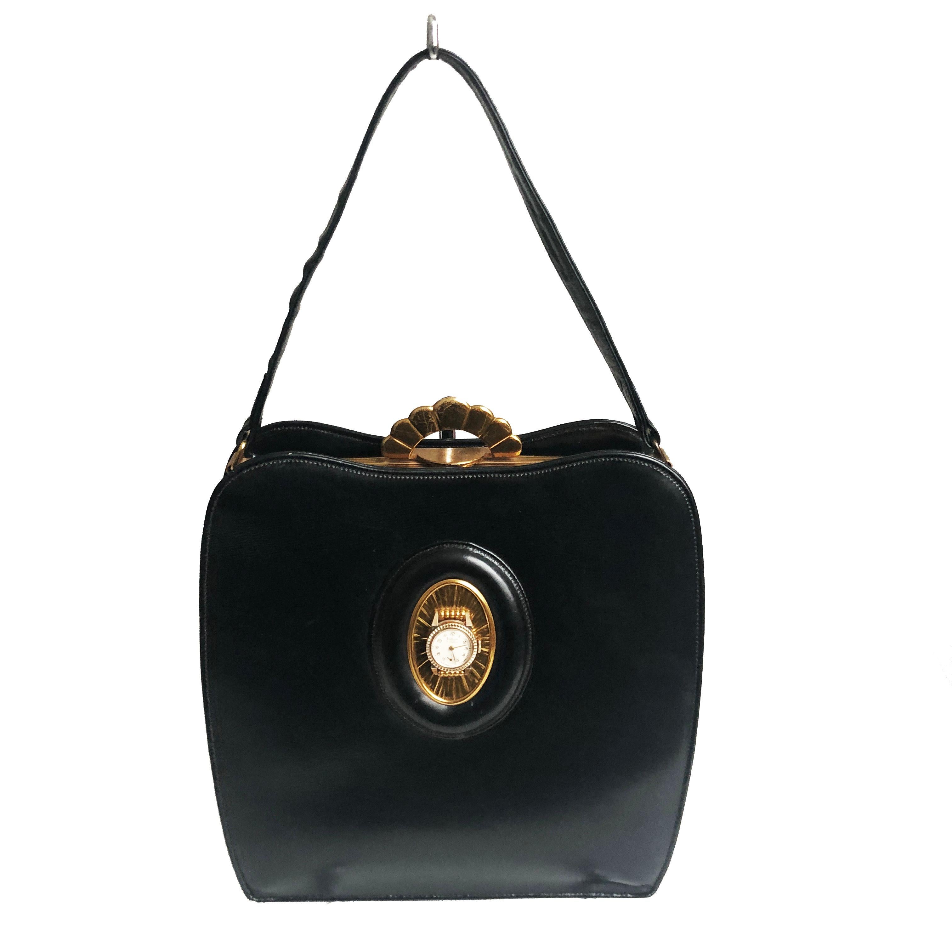 Evans Black Calf Handbag with Clock & Mirror Compact Deco Style 50s Vintage In Good Condition In Port Saint Lucie, FL