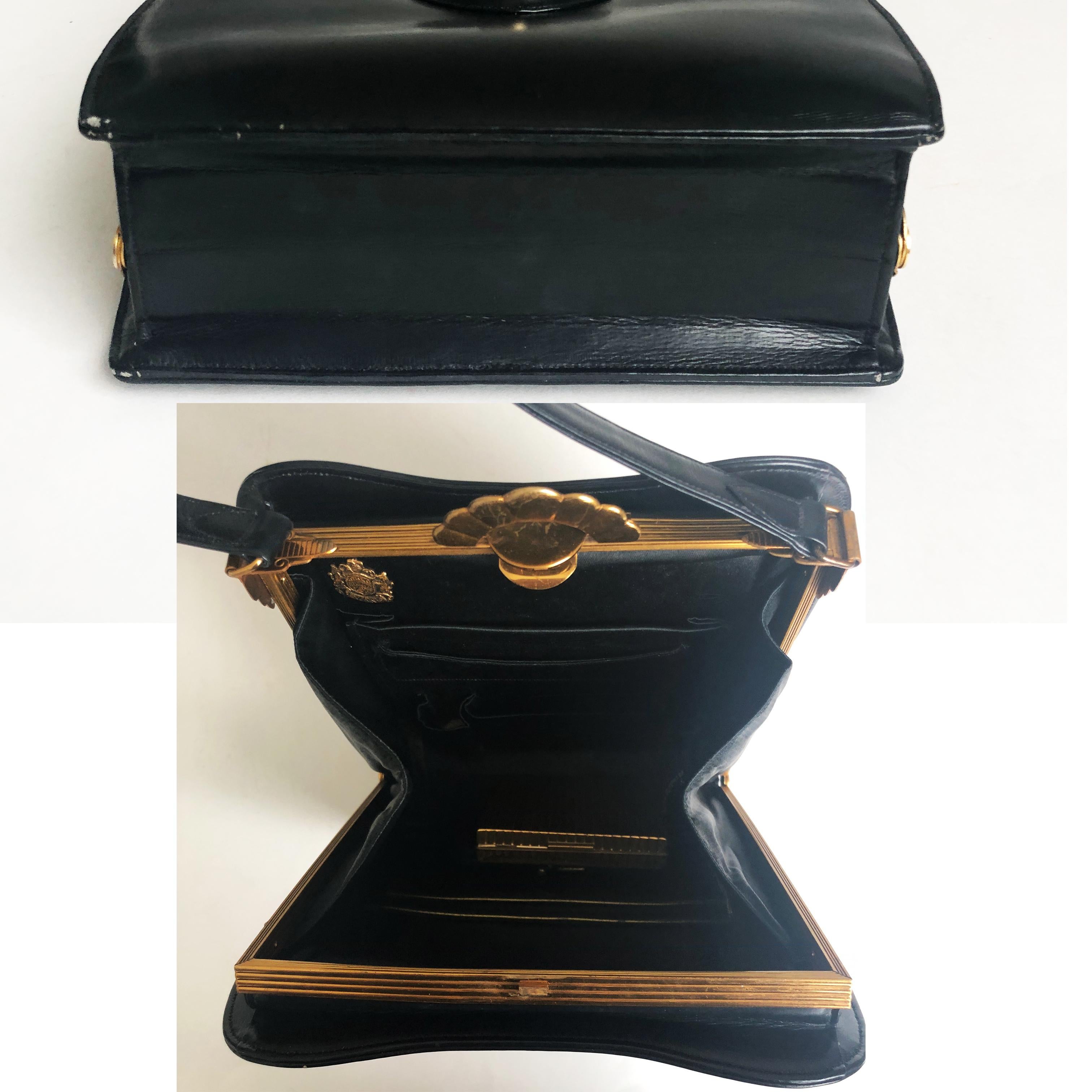 Women's Evans Black Calf Handbag with Clock & Mirror Compact Deco Style 50s Vintage