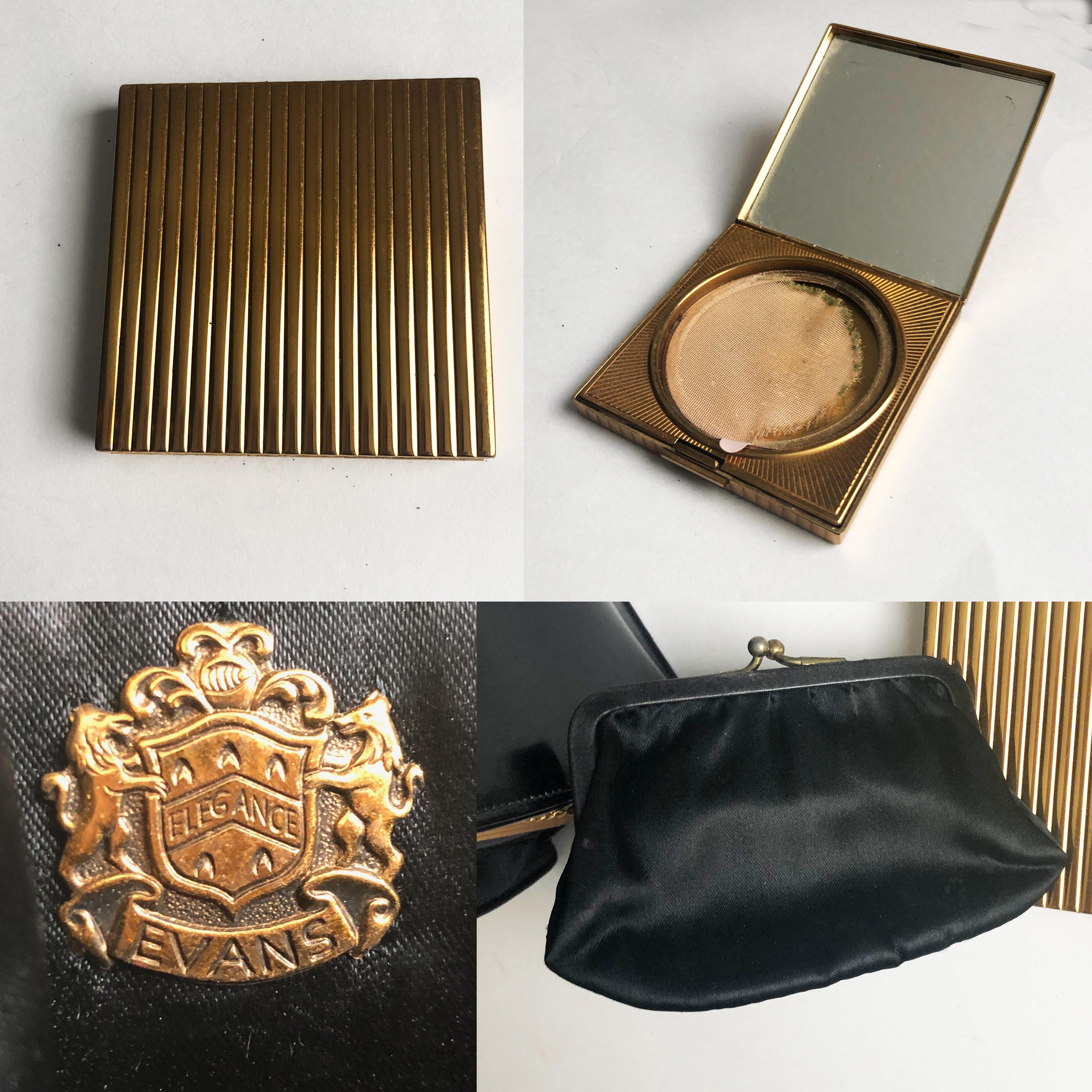 Evans Black Calf Handbag with Clock & Mirror Compact Deco Style 50s Vintage 1