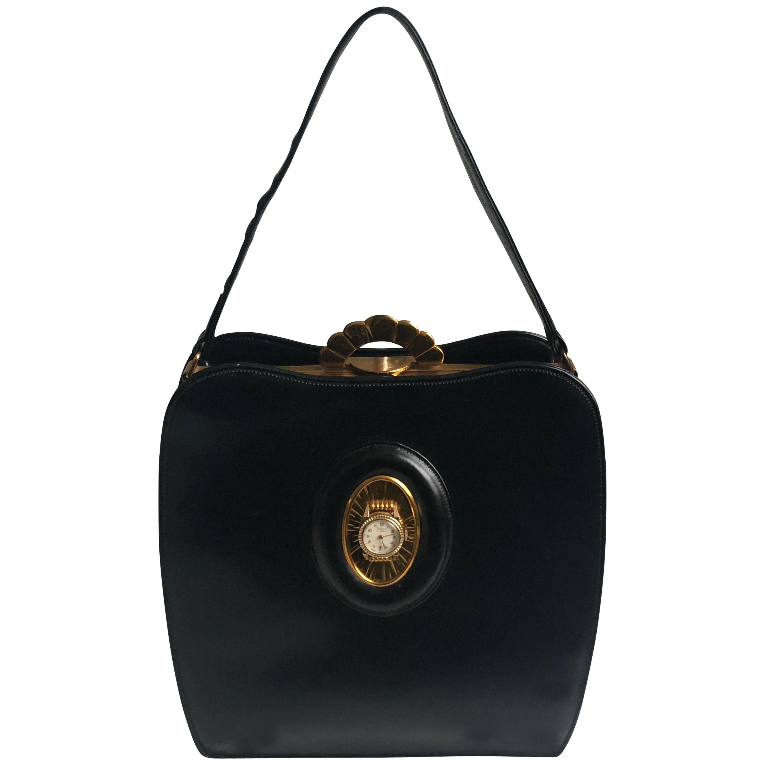 Evans Black Calf Handbag with Clock & Mirror Compact Deco Style 50s Vintage