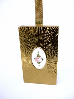 Evans Gilt Metal Guilloche Enamel Evening Bag Compact Case c 1950s