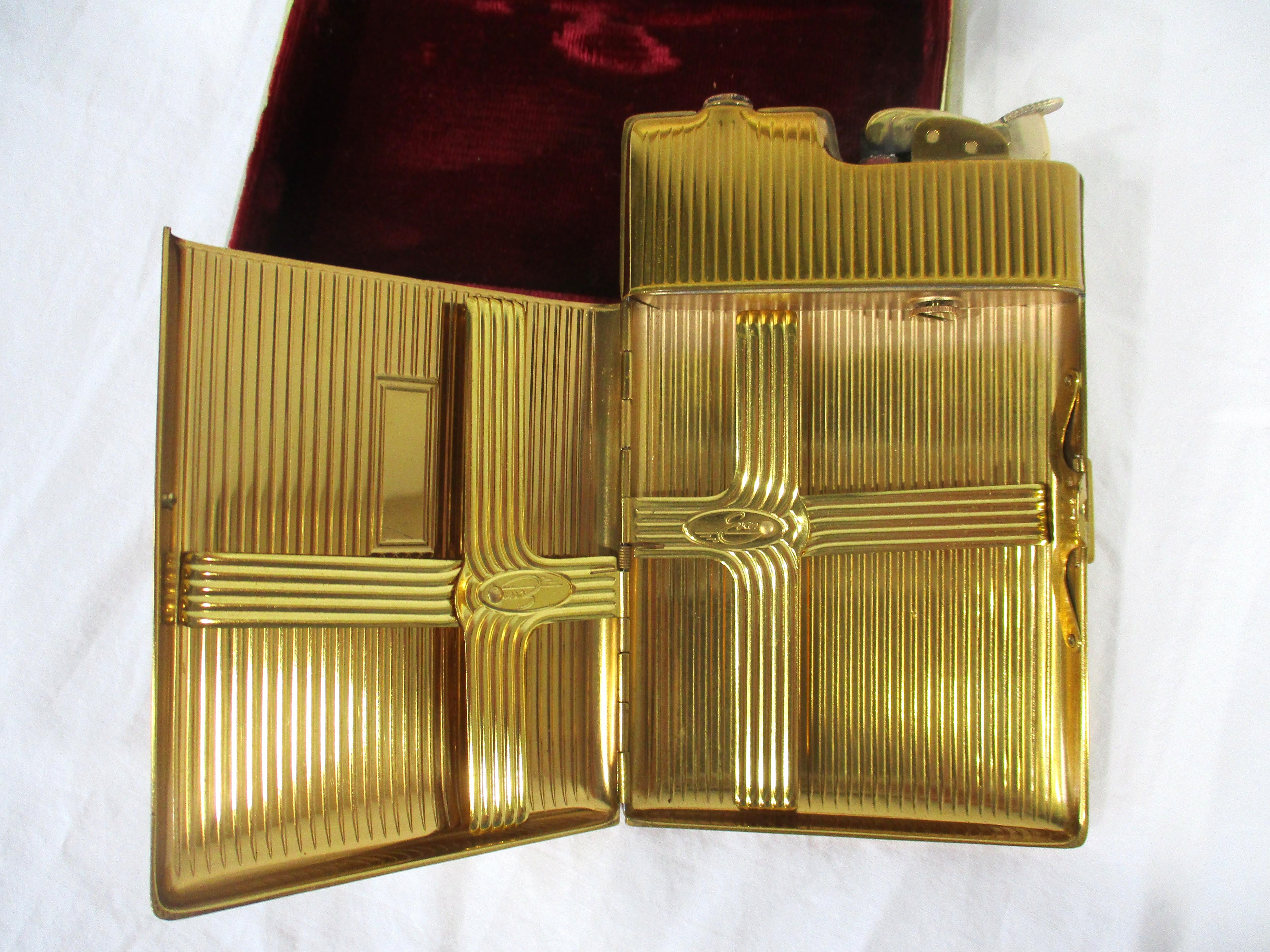 Metal Evans Gold Toned Cigarette Case and Lighter in the style of Dunhill For Sale