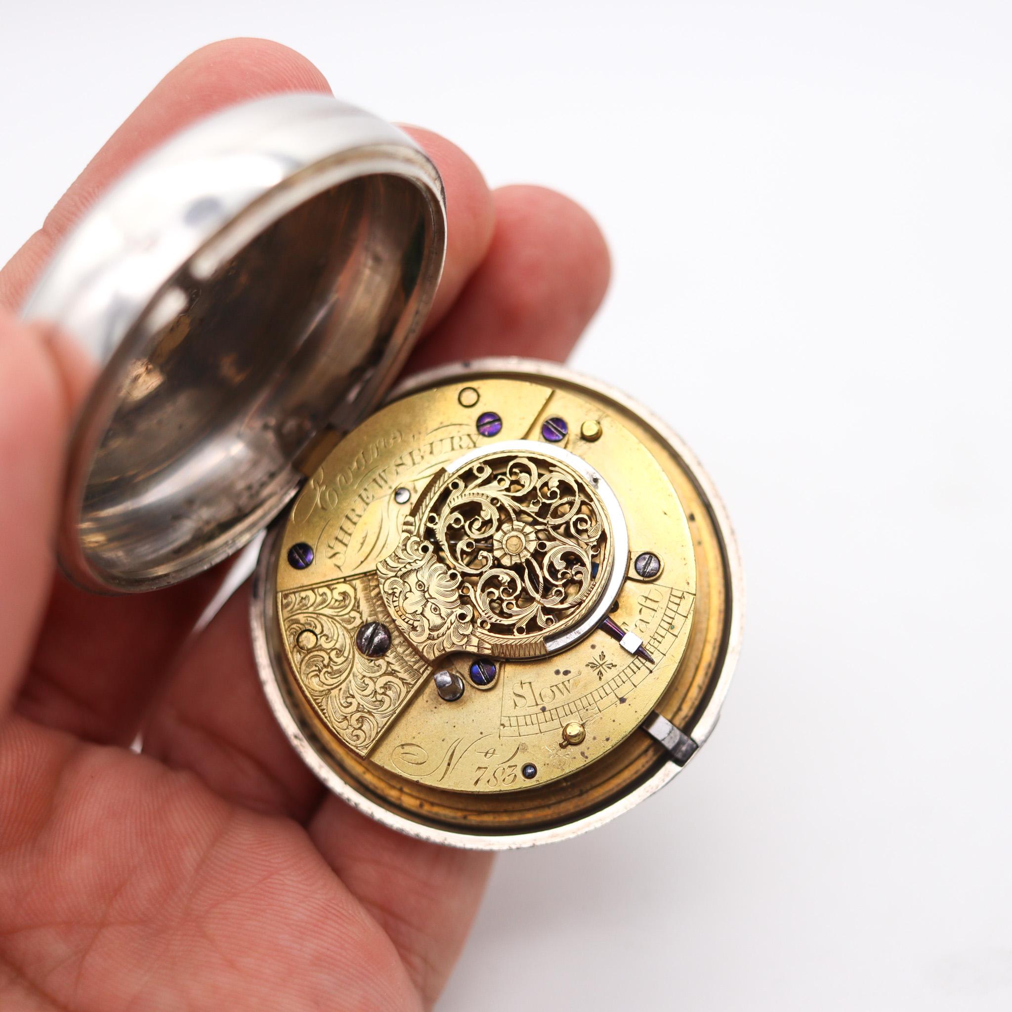A hunter pocket watch made by Rich Evans Shrewsbury and Robert Causer.

Very fine half hunter pair cased pocket clock, made in Birmingham England by the silversmith Robert Causer and the clockmaker Evans Shrewsbury. The cases were made in 1856, in