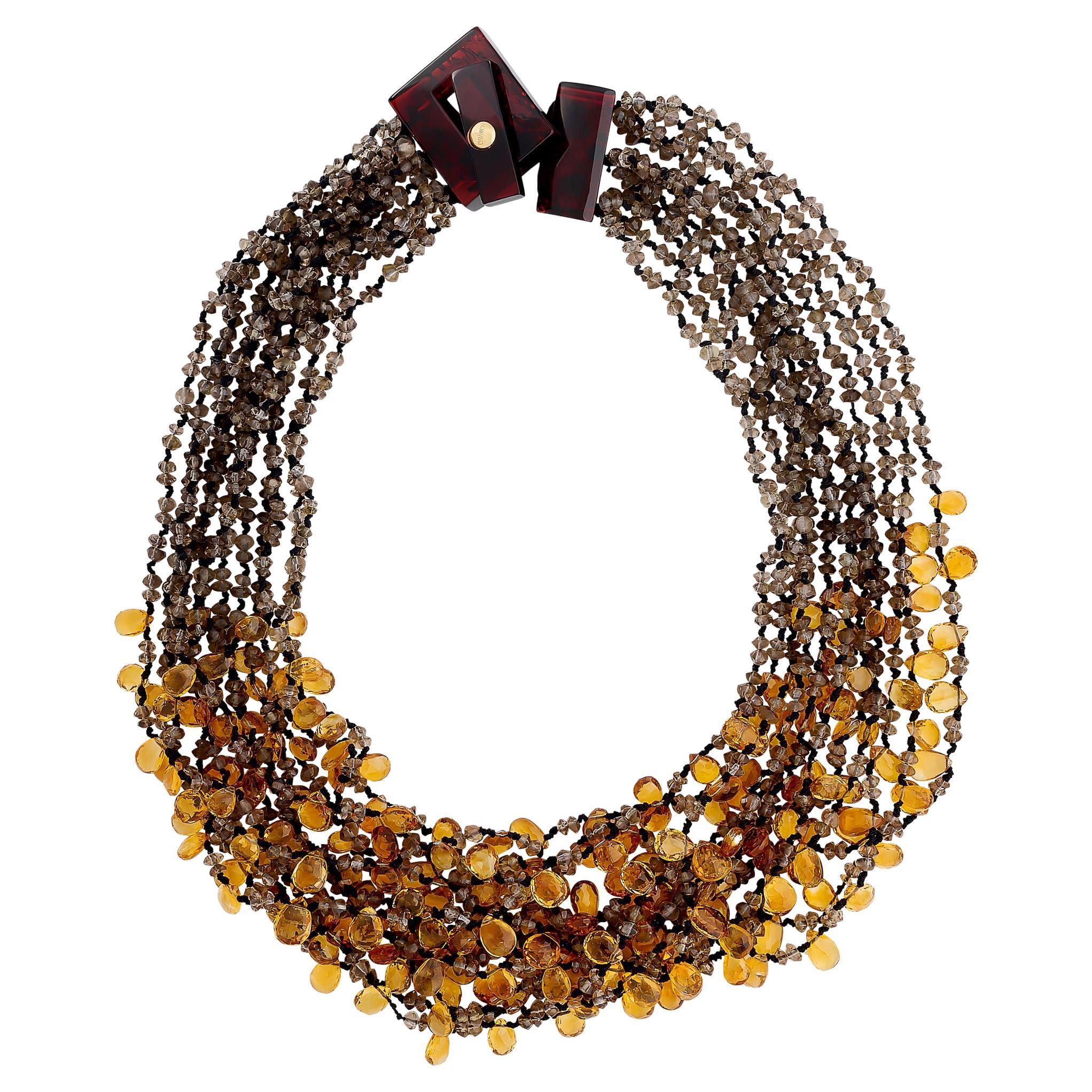 Evanueva Multi-Strand Quartz and Topaz Bead Necklace with an Amber Toggle Clasp For Sale