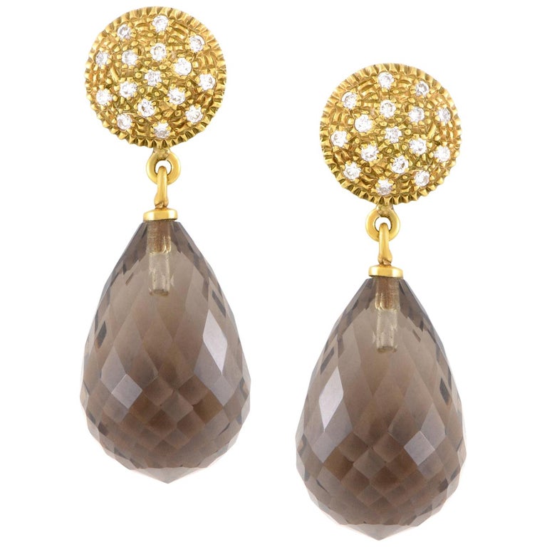 Evanueva Women's 18 Karat Yellow Gold Diamond and Smoky Quartz Earrings ...