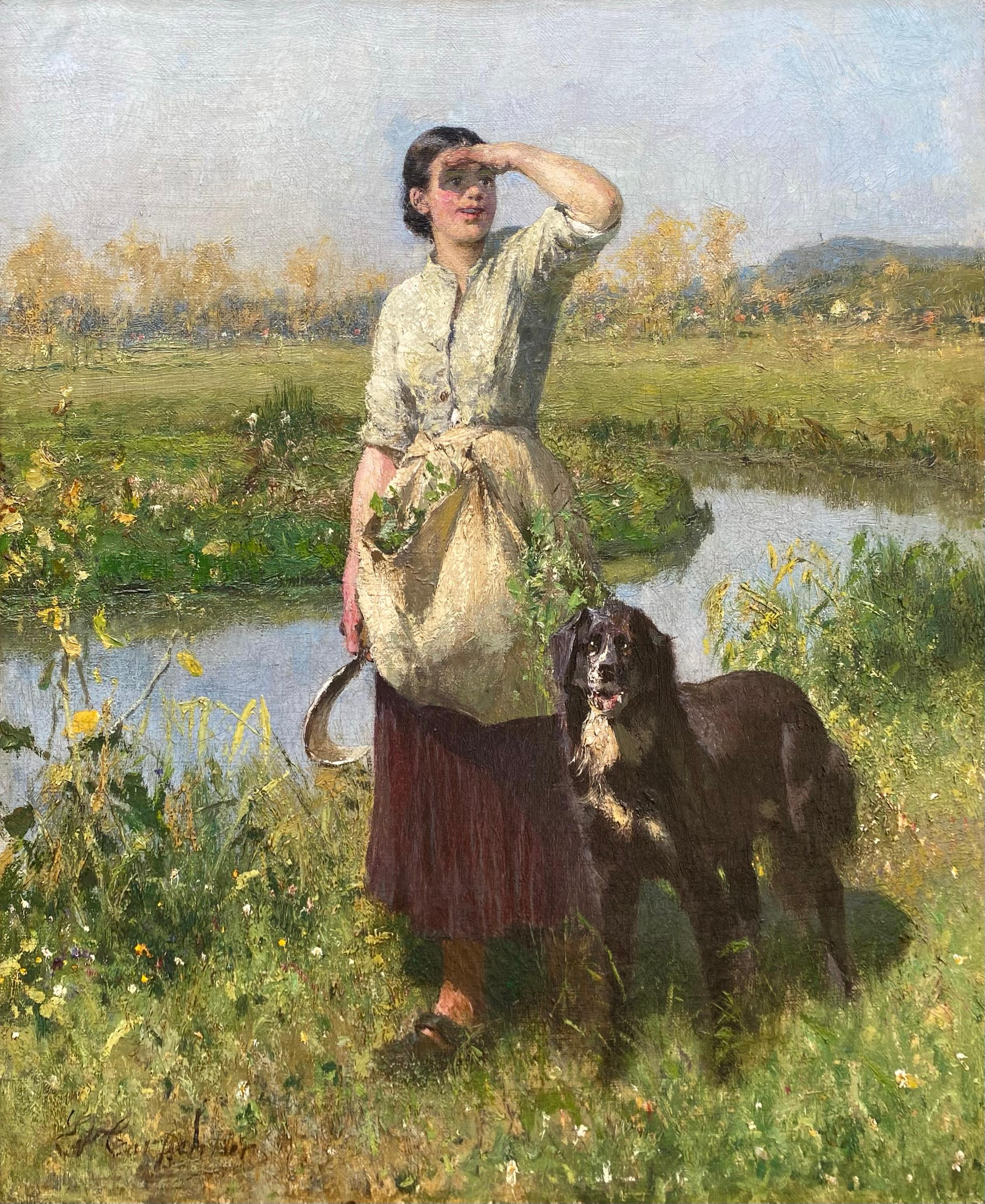 Retour des champs' par Évariste Carpentier, Kuurne 1845 - 1922 Liège - Painting de Evariste Carpentier