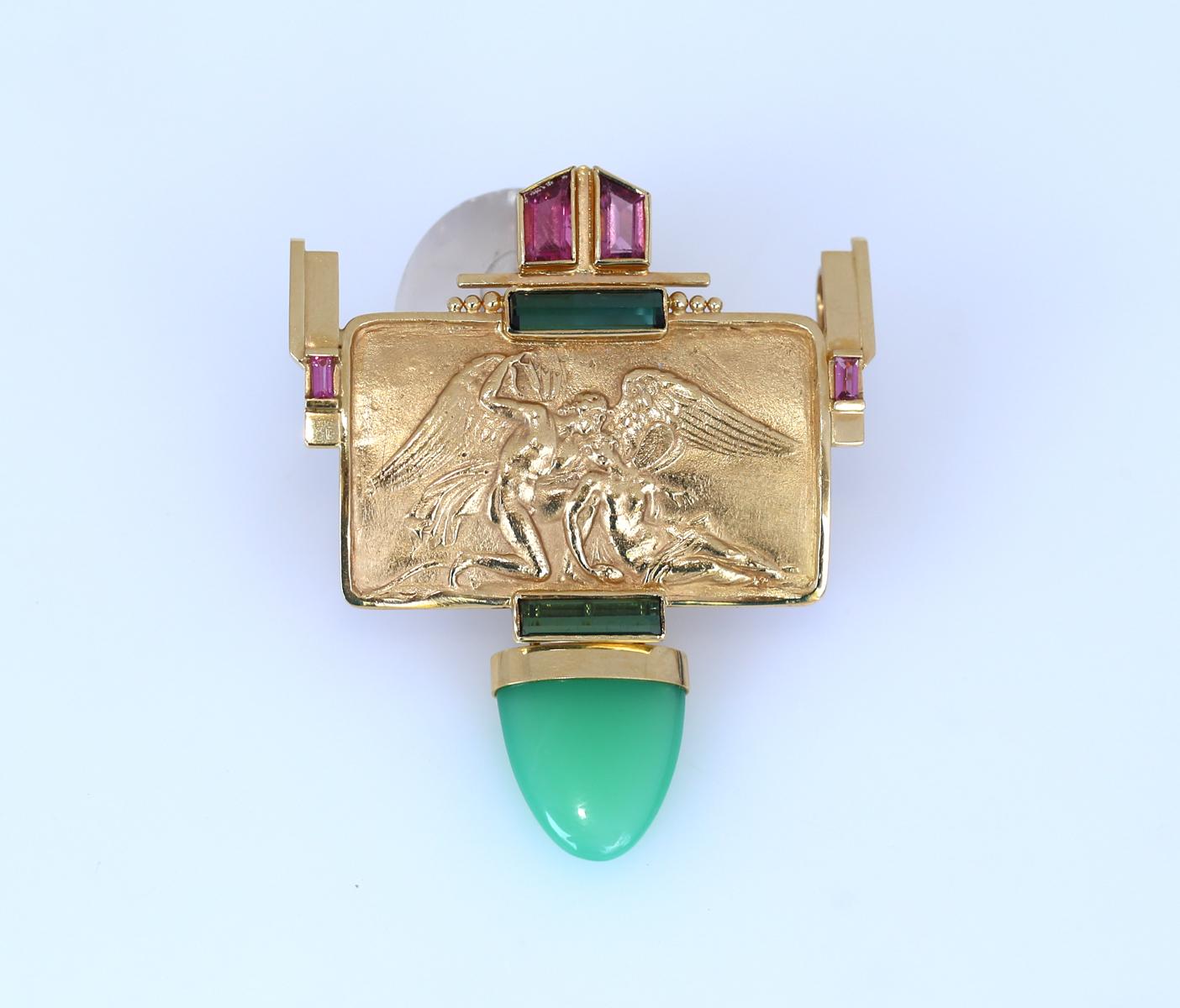 Eve Alfille 18K Yellow Gold Tourmaline Pendant Brooch. A one-off absolutely collectable item ordered especially from the Eve Alfille for the Marian Edelstein collection. A truly massive and fine brooch / pendant. 
Consisting of a gold plaque