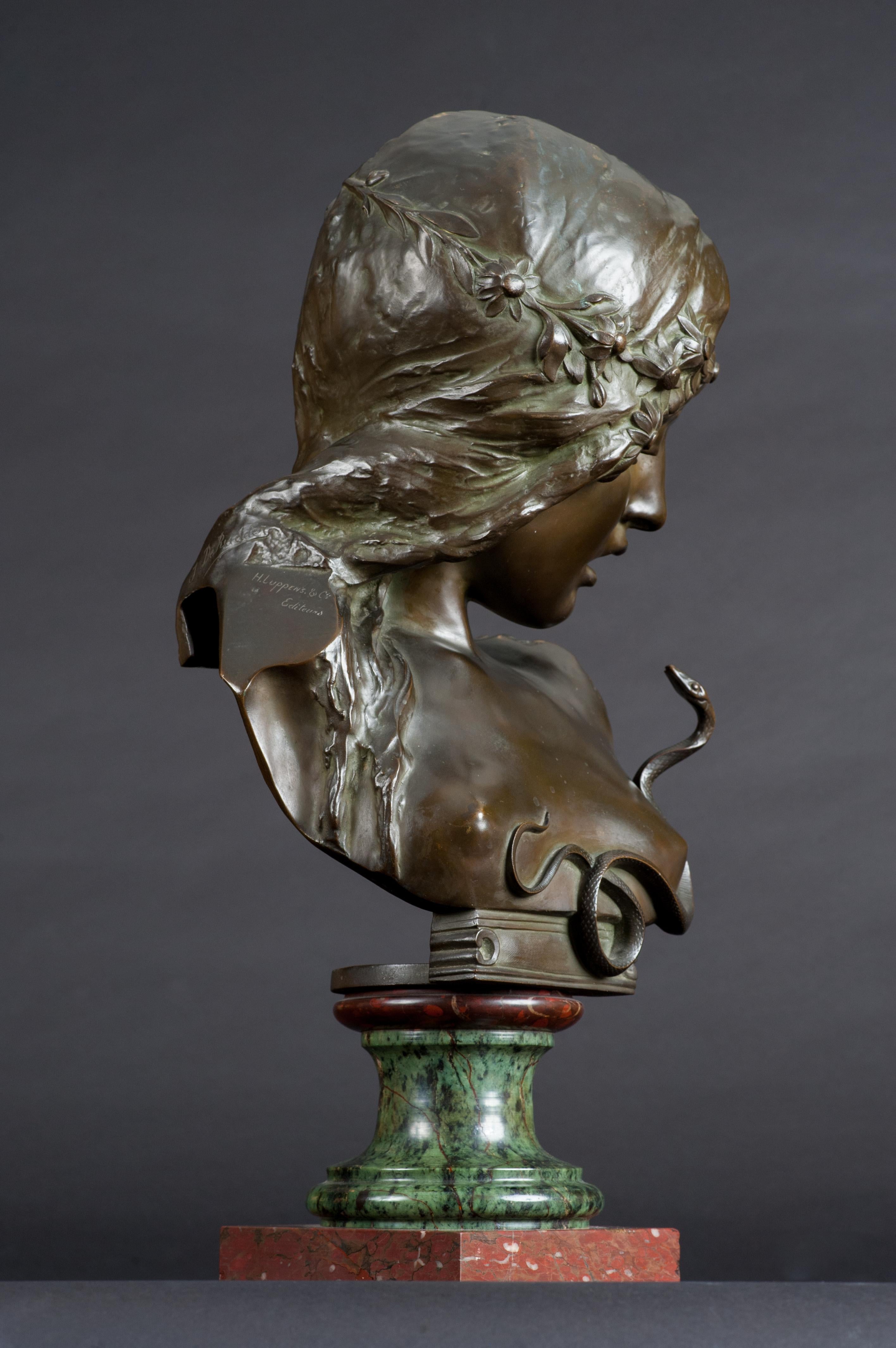 Art Nouveau Eve and the Serpent Symbolist Bronze Sculpture by Isidore De Rudder For Sale