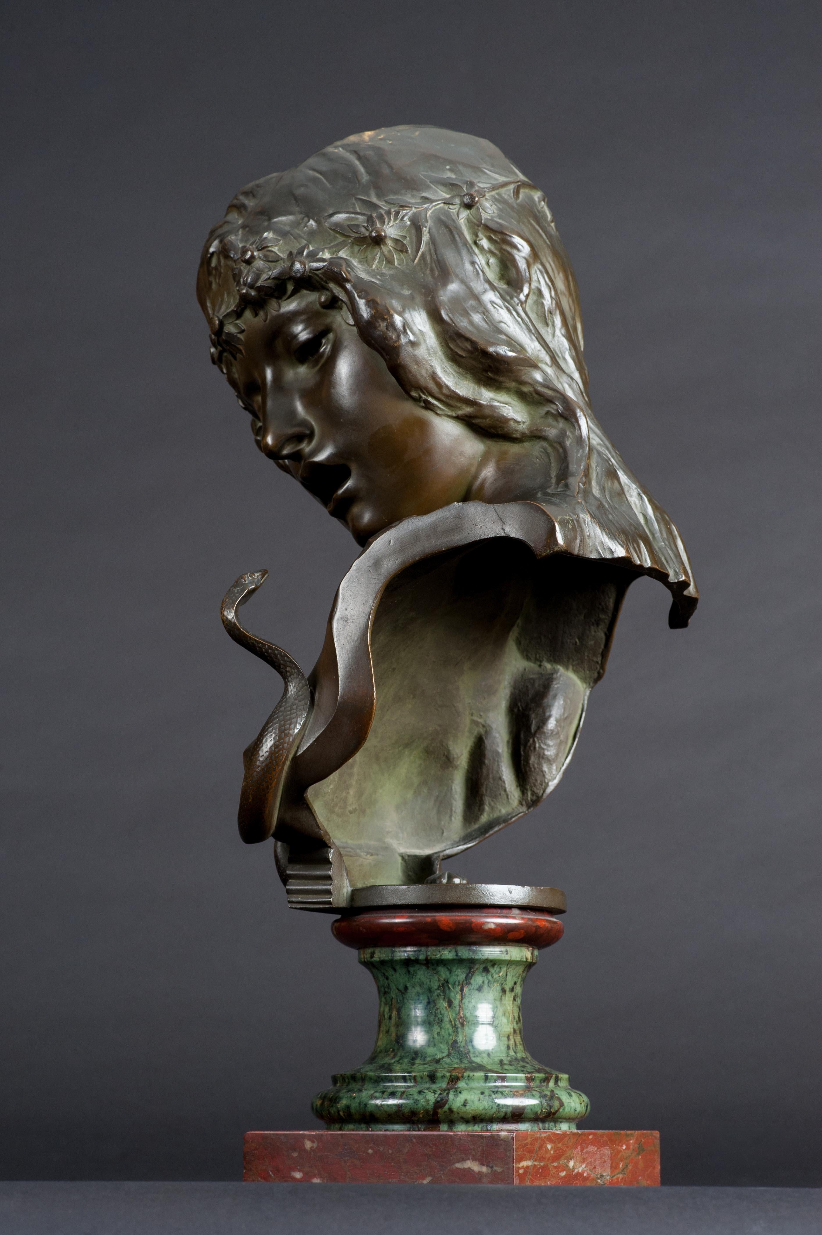 Patinated Eve and the Serpent Symbolist Bronze Sculpture by Isidore De Rudder For Sale
