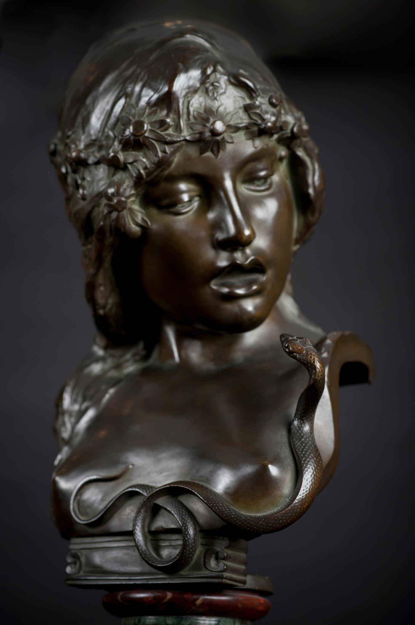 Eve and the Serpent Symbolist Bronze Sculpture by Isidore De Rudder In Excellent Condition For Sale In Chicago, US