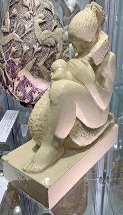 "Eve and the Serpent, " Unique, Carved Art Deco Ceramic Sculpture by Merignargues