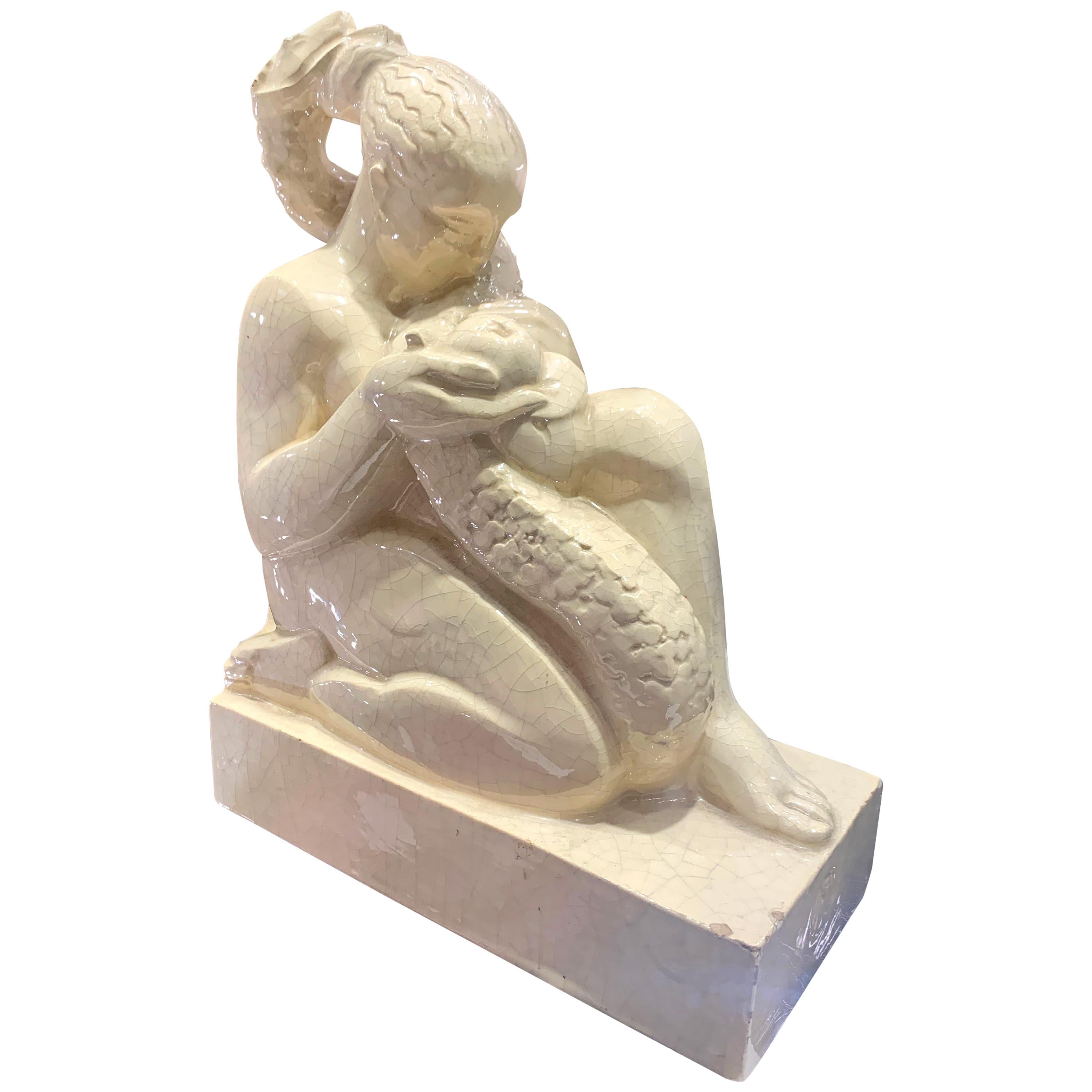 "Eve and the Serpent, " Unique, Carved Art Deco Ceramic Sculpture by Merignargues For Sale
