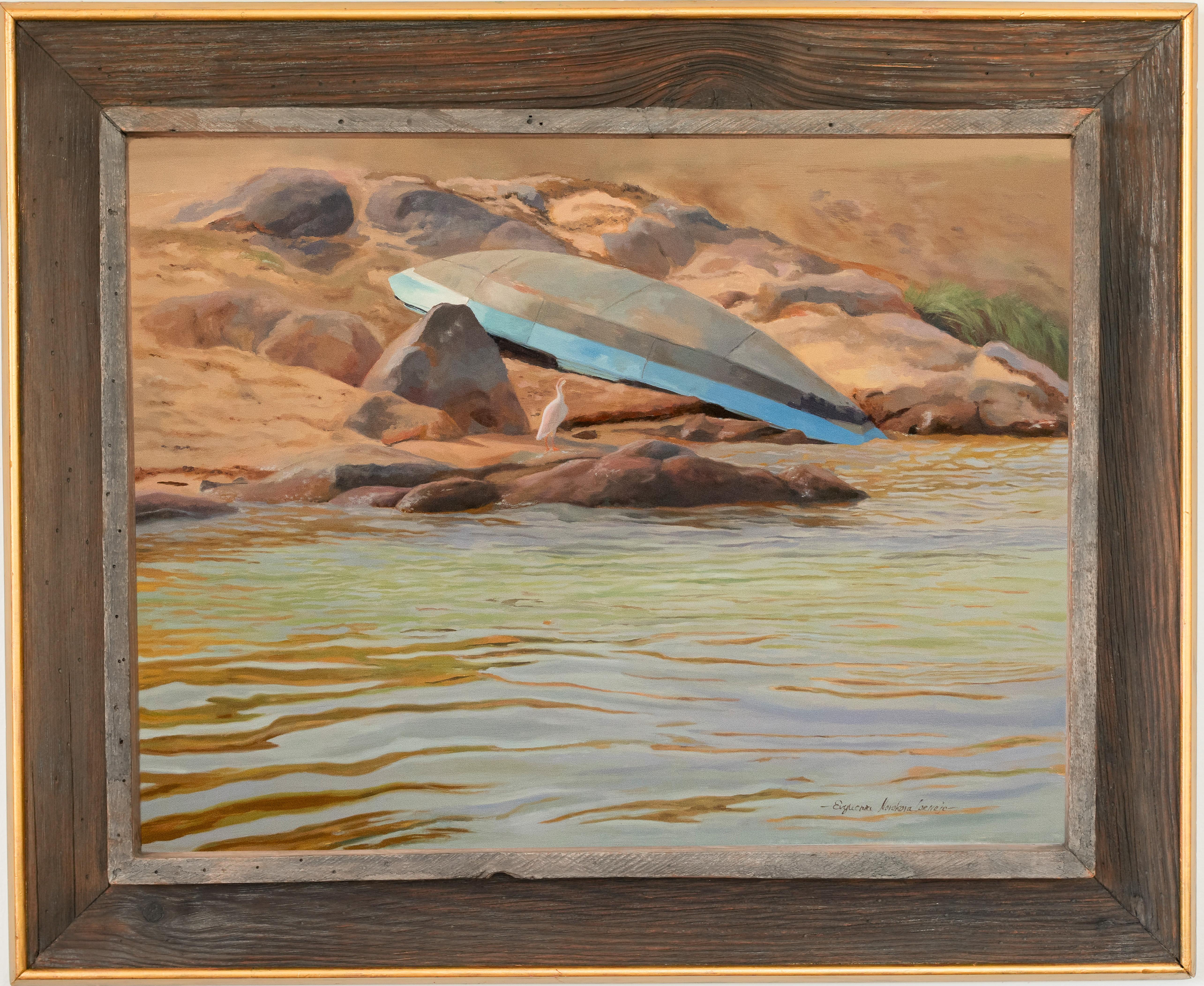 This 20" x 26" oil painting on canvas by Russian-American artist Eve Cornejo features a waterscape and reddish, rocky beach. The pelican just off-center in the composition, which appears tiny in comparison to the beached kayak behind it, is the