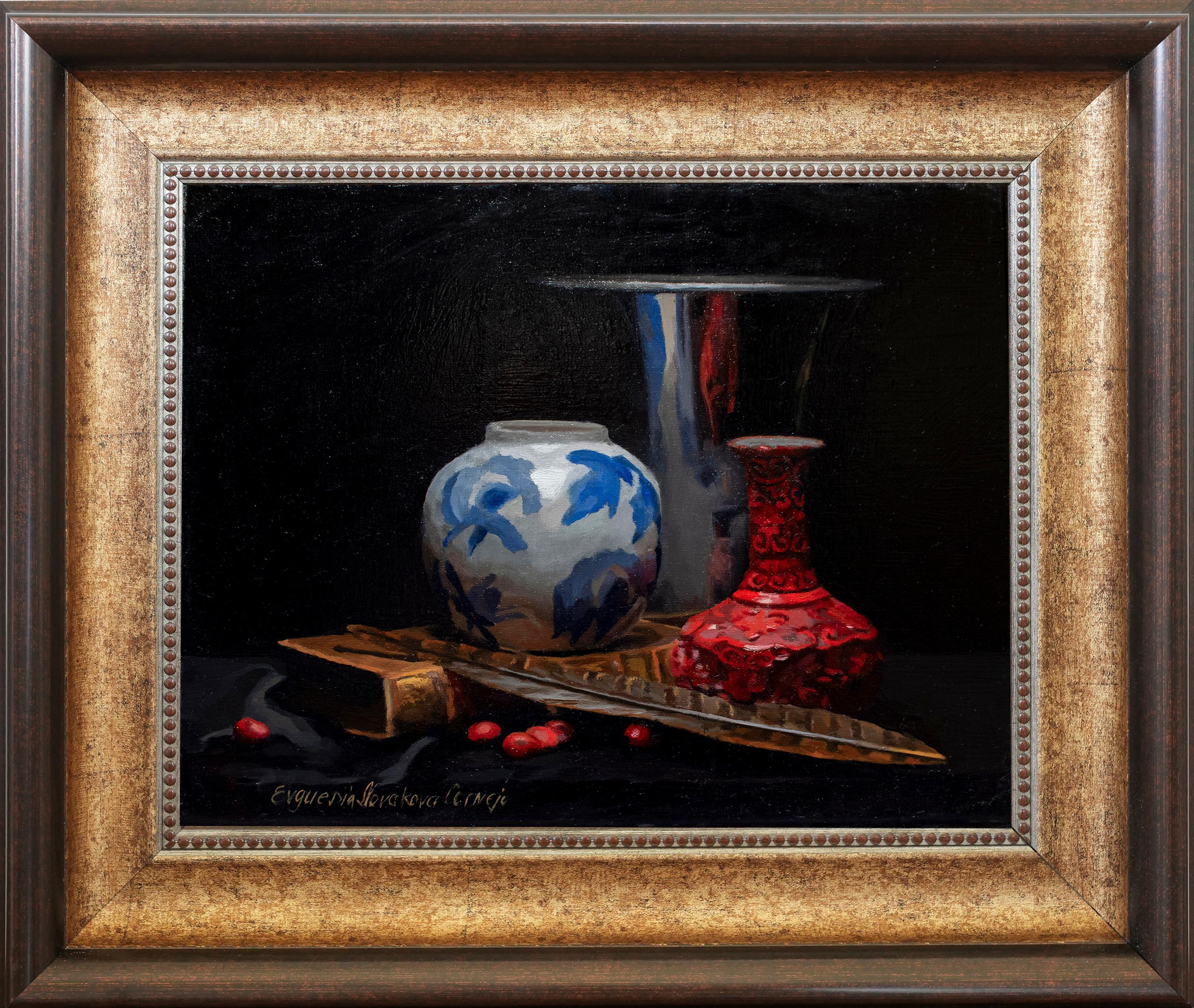 "Still Life" by Eve Cornejo, Oil on Canvas with Deep Browns, Near Black Hues