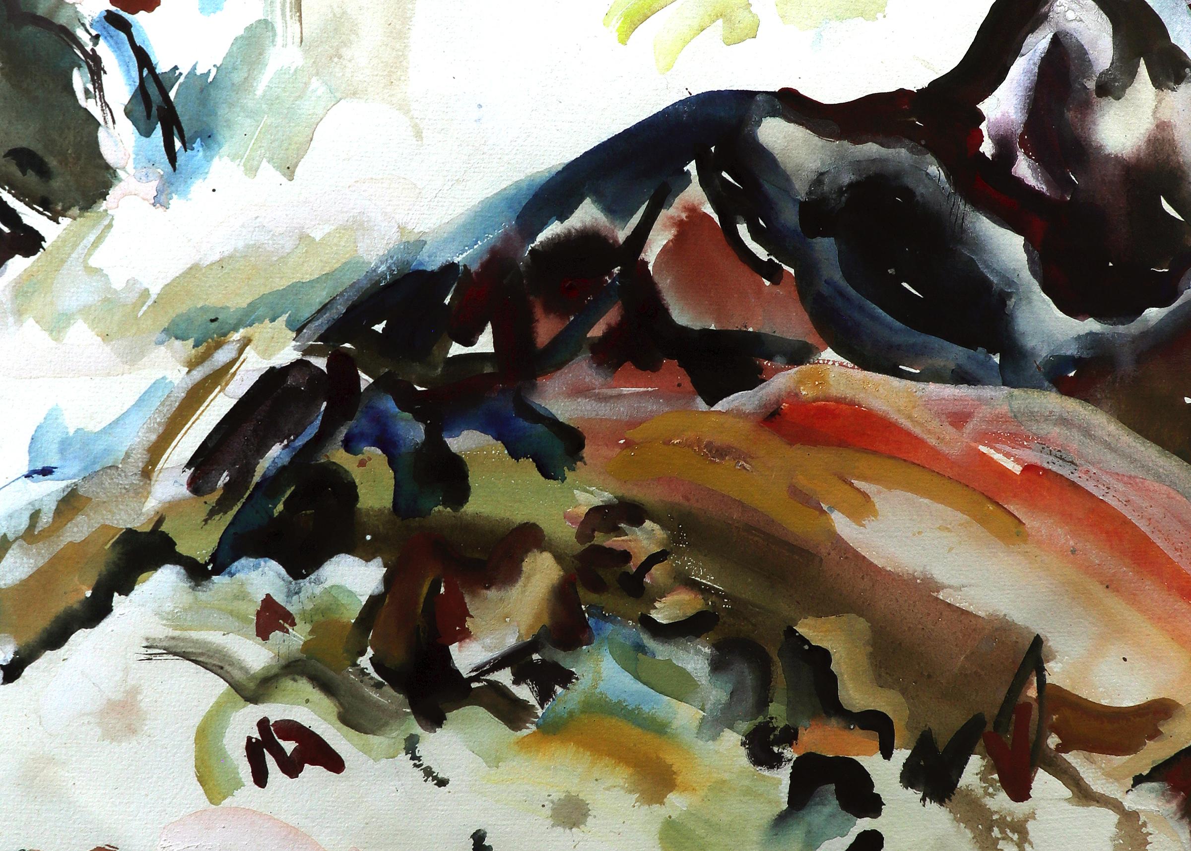 Peinture à l'aquarelle - Paysage abstrait avec cascade, paysage moderniste, 1945 en vente 1
