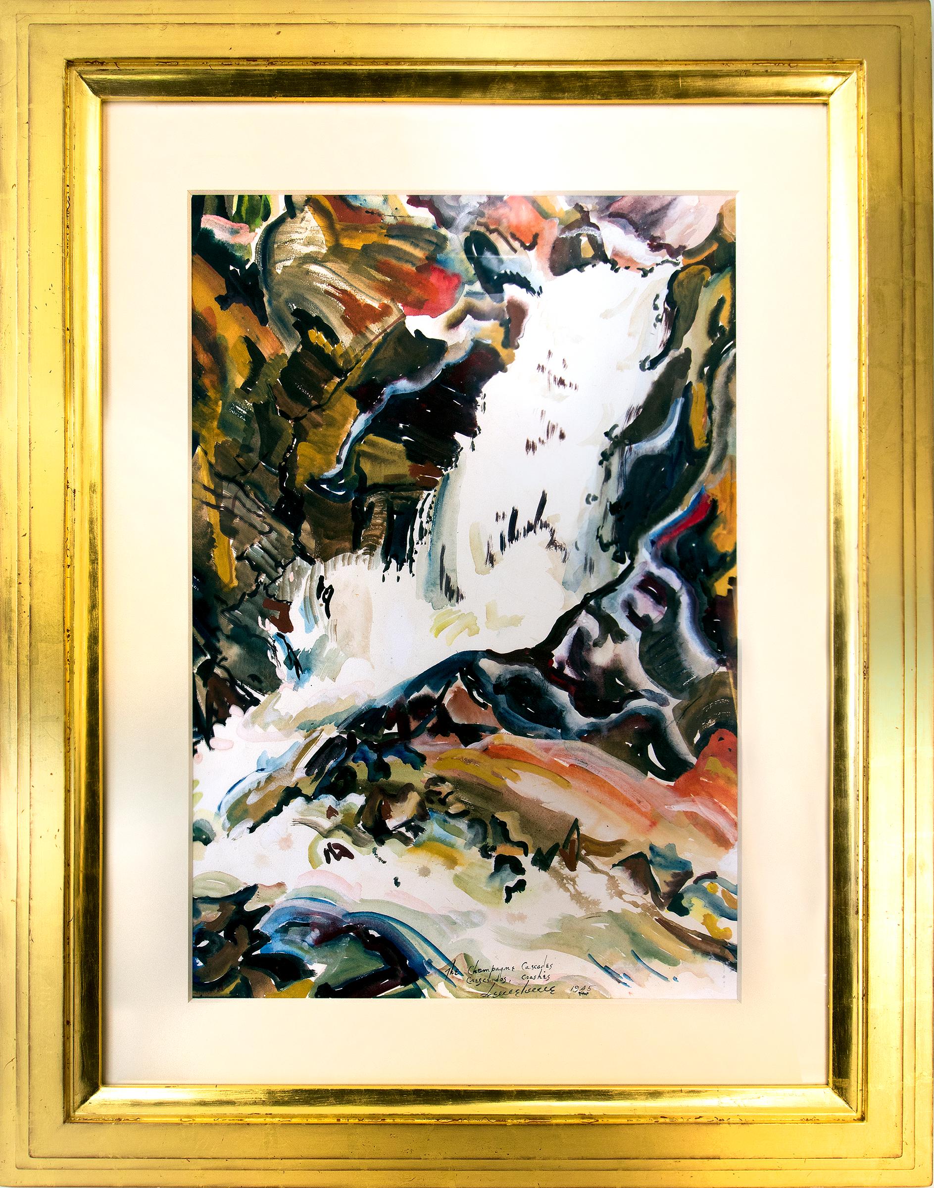 Abstract Painting Eve Drewelowe - Peinture à l'aquarelle - Paysage abstrait avec cascade, paysage moderniste, 1945