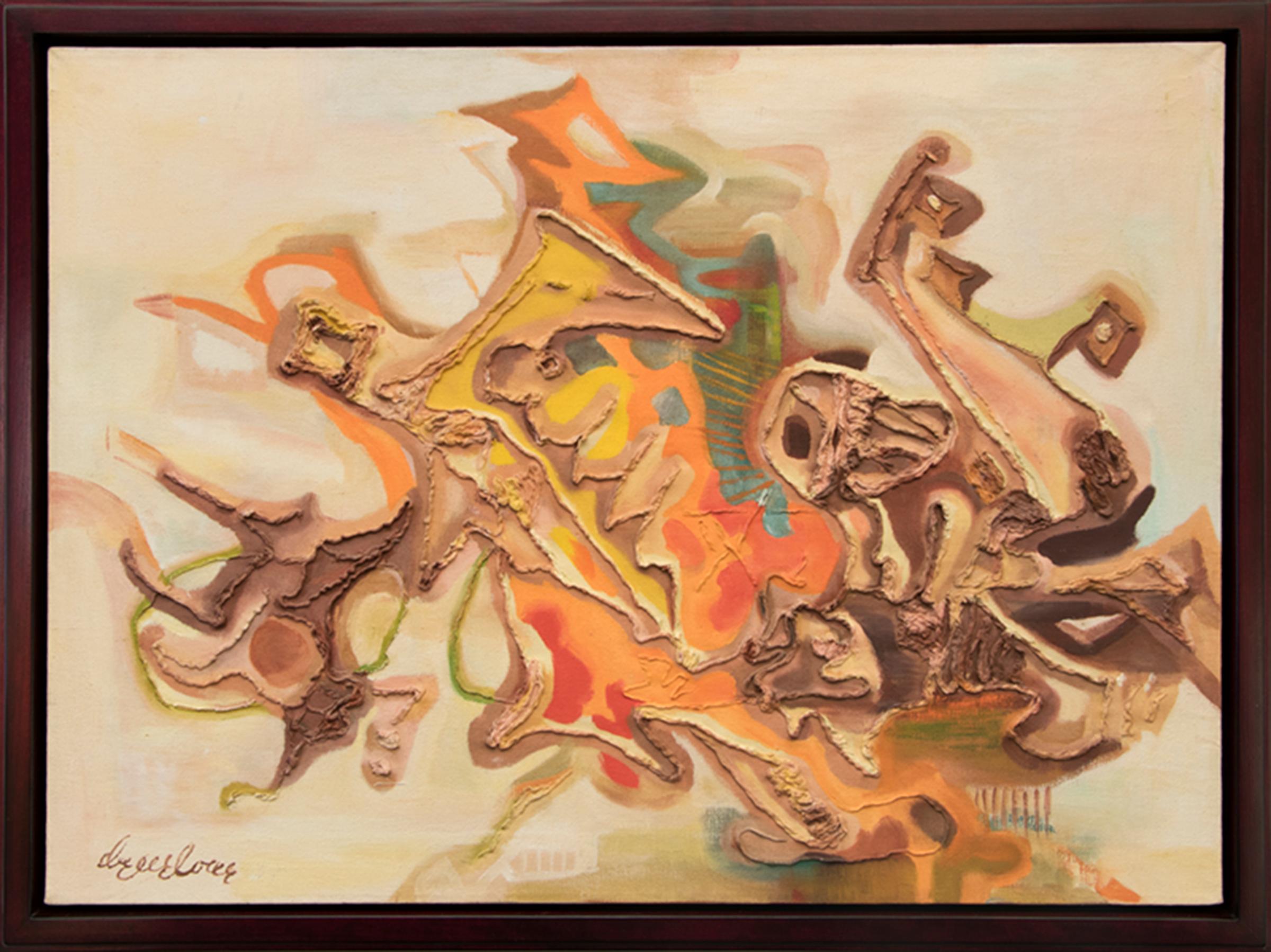 Abstract Painting di Eve Drewelowe - Alpha: Pittura ad olio astratta a tecnica mista con cornice degli anni '50 - L'inizio