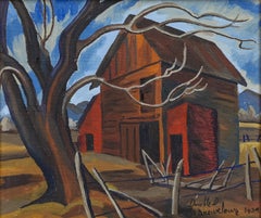 Eve Drewelowe Van EKS 1934 Red Barn Mountain Landscape Peinture à l'huile