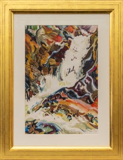 Modernist 1945 Abstract Waterfall Watercolor Landscape Painting by Eve Drewelowe