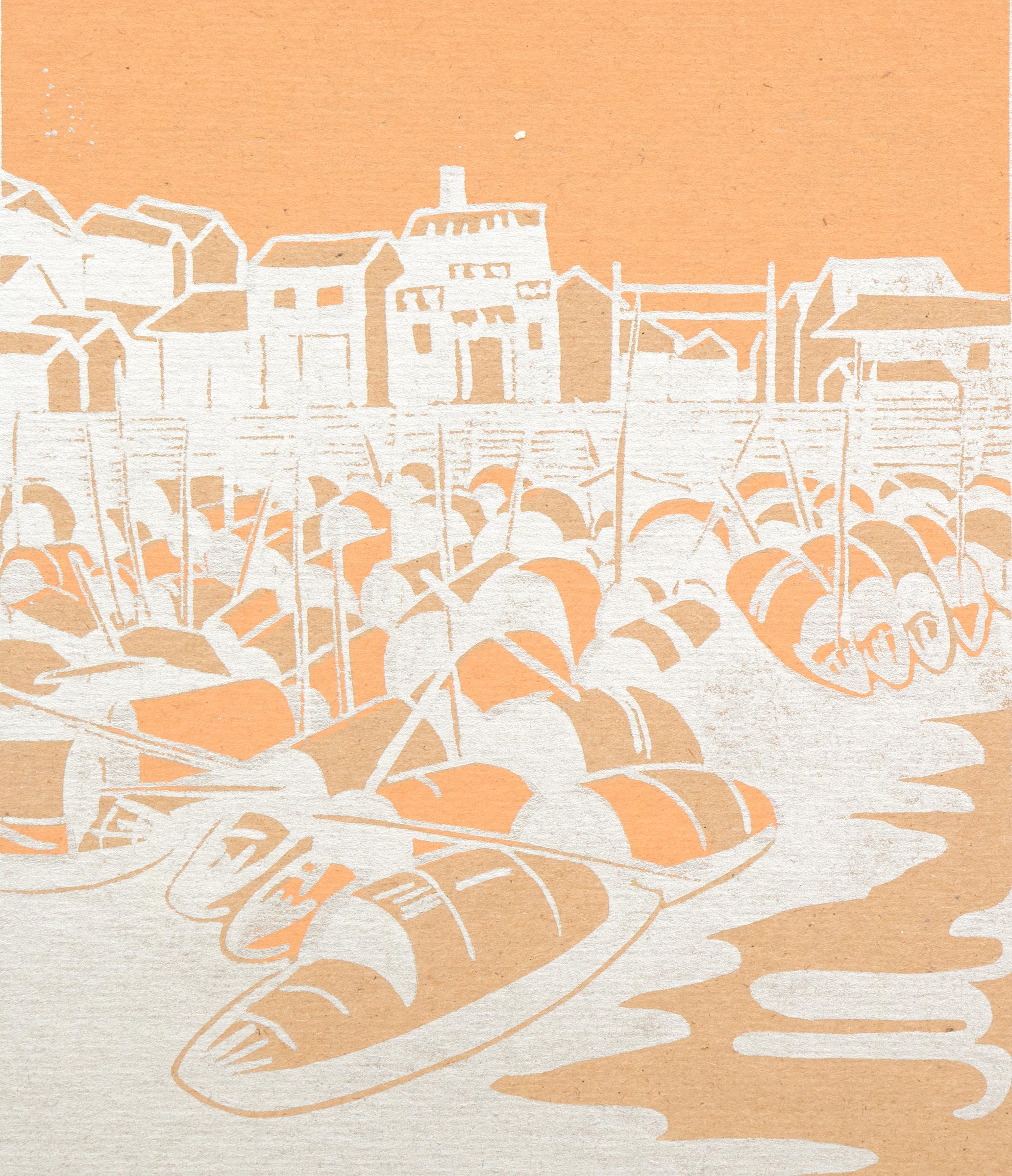 Sampans-Side by Side, Canton, Vintage 1920s Woodcut, Boats in Guangdong, China - Print by Eve Drewelowe