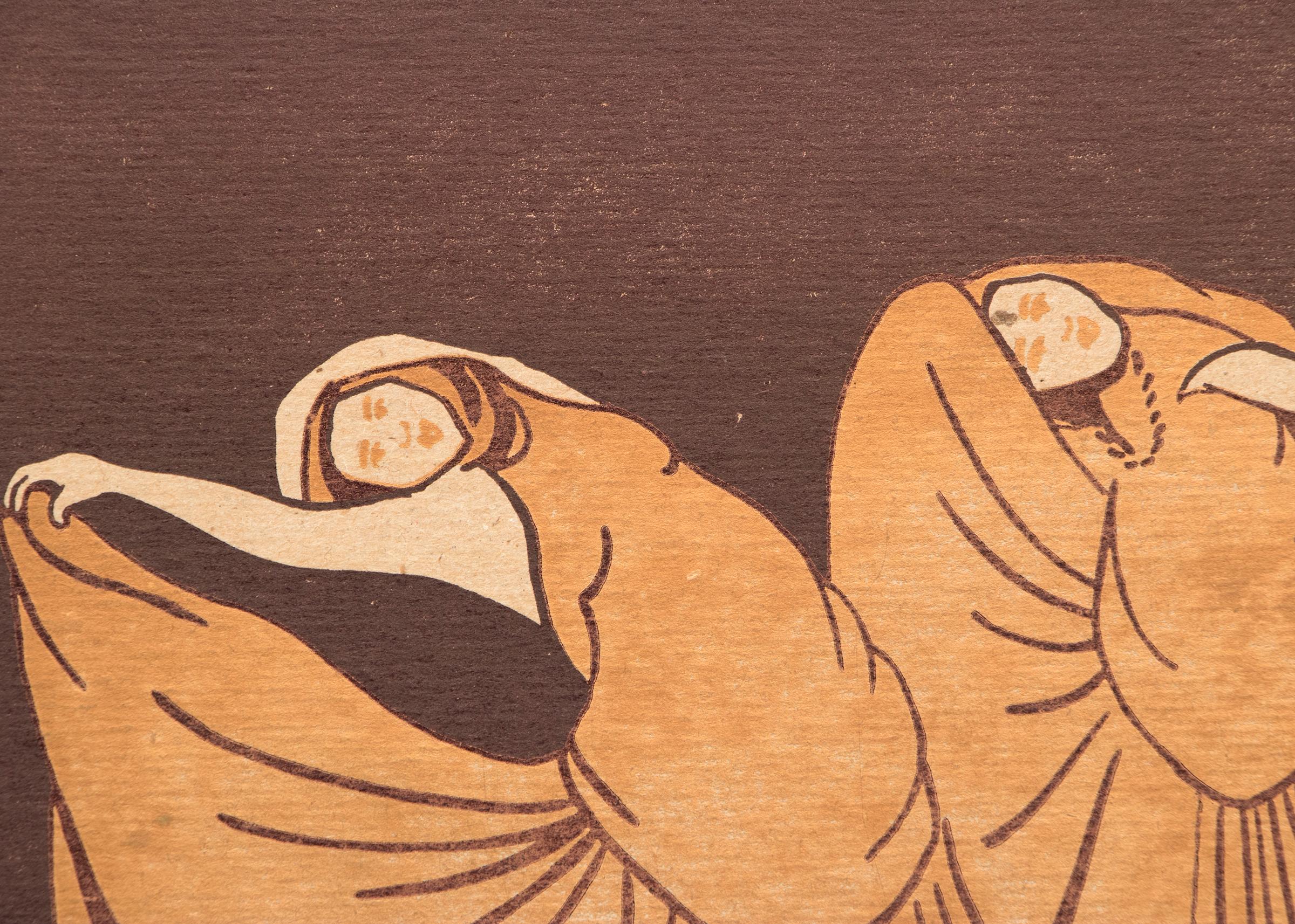 Two Dancers, Original Signed Figural Modernist Colored Woodblock Woodcut Print 1