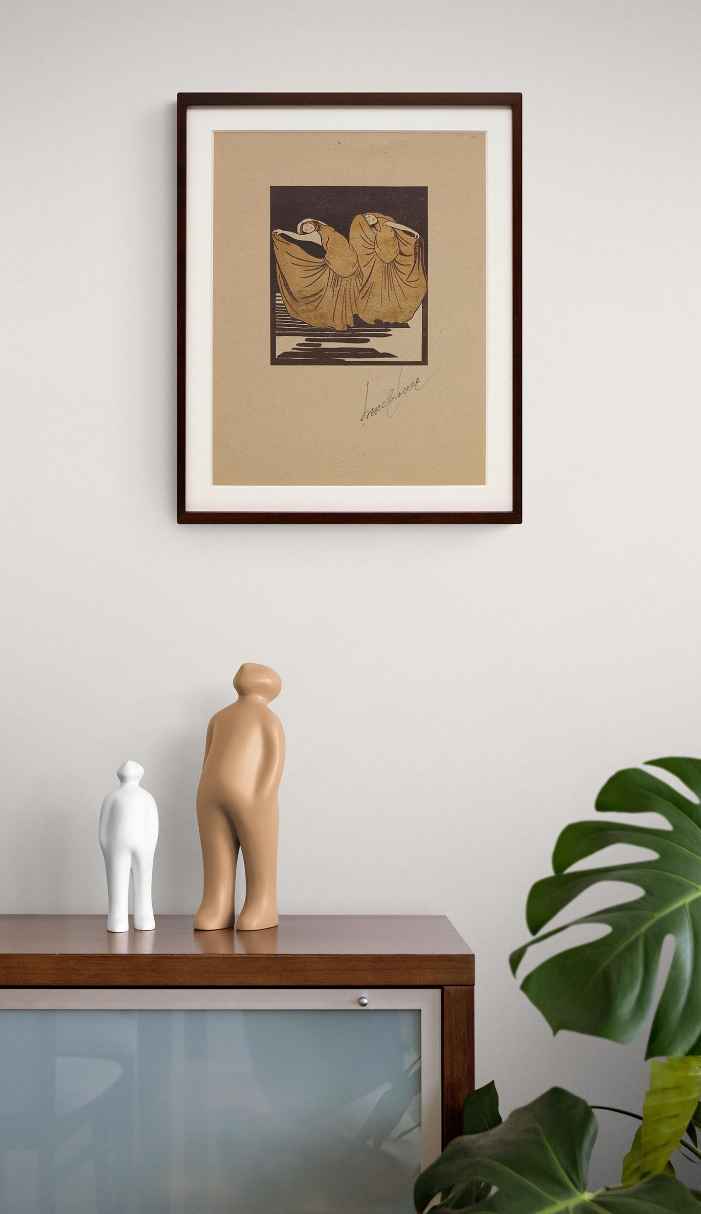 Two Dancers, Original Signed Figural Modernist Colored Woodblock Woodcut Print - Orange Figurative Print by Eve Drewelowe