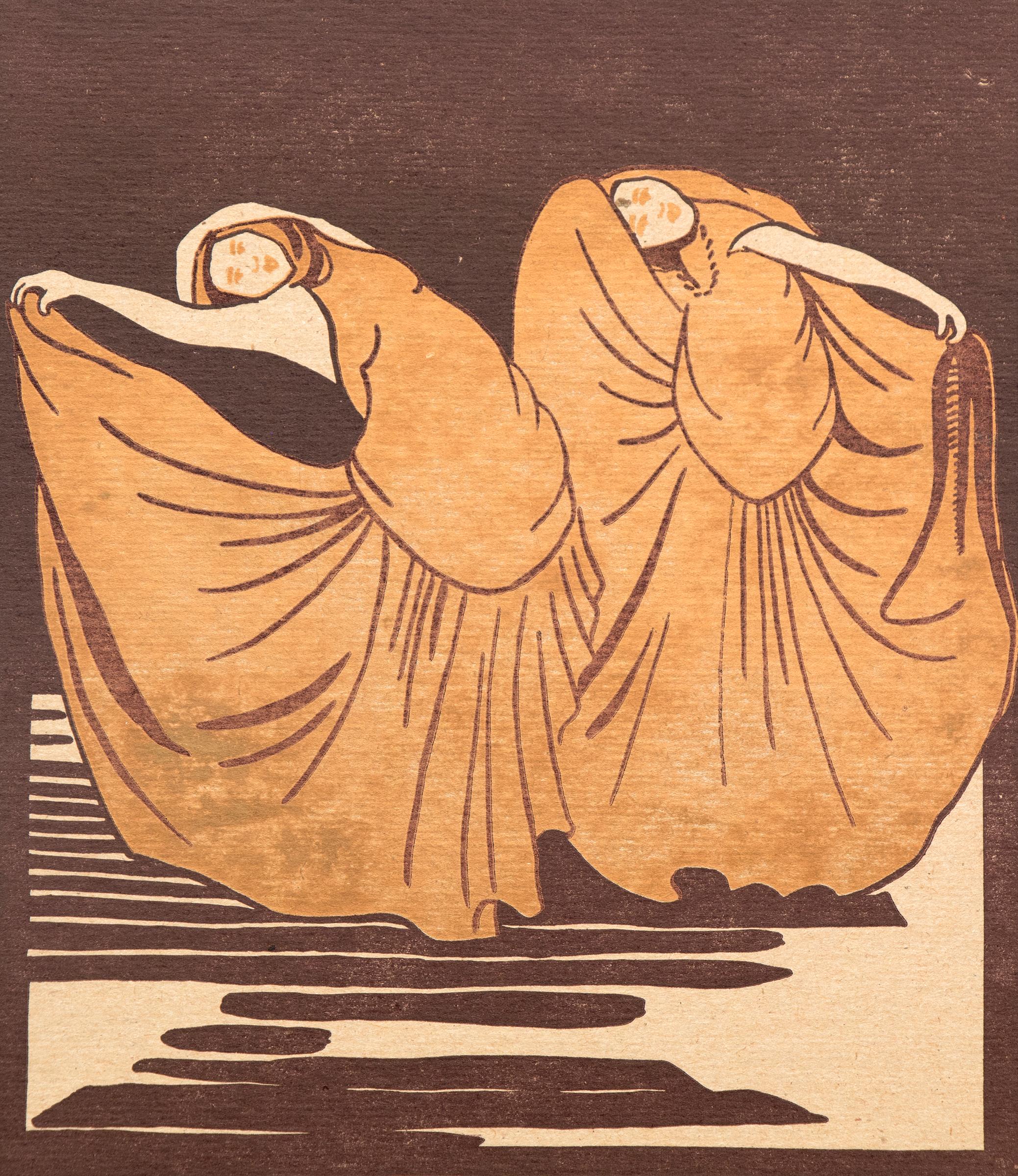 Eve Drewelowe Figurative Print - Two Dancers, Original Signed Figural Modernist Colored Woodblock Woodcut Print 