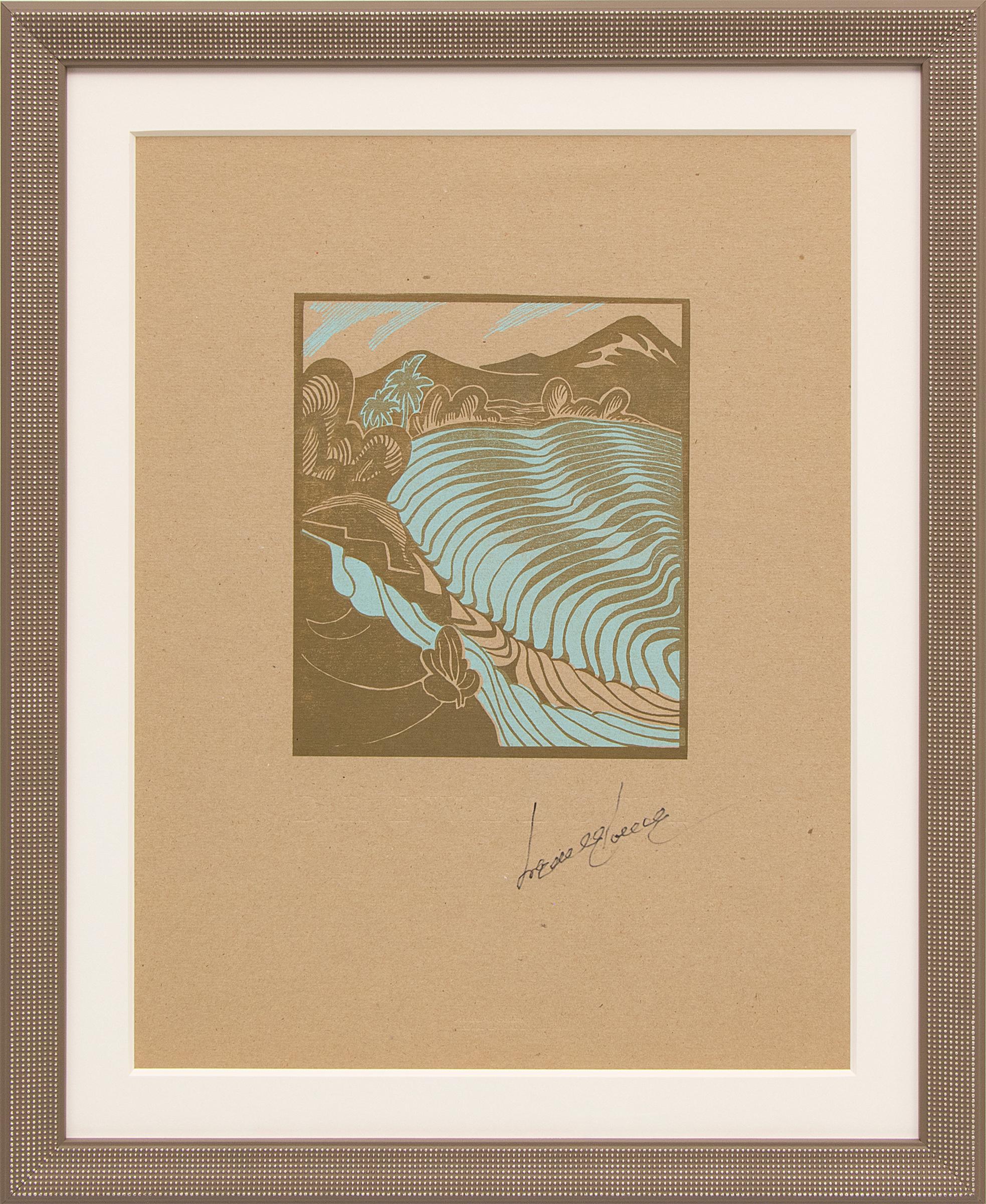 Eve Drewelowe Abstract Print - Pirouetting Paddies, Rice Terraces, 1940s Modernist Colored Woodcut Print