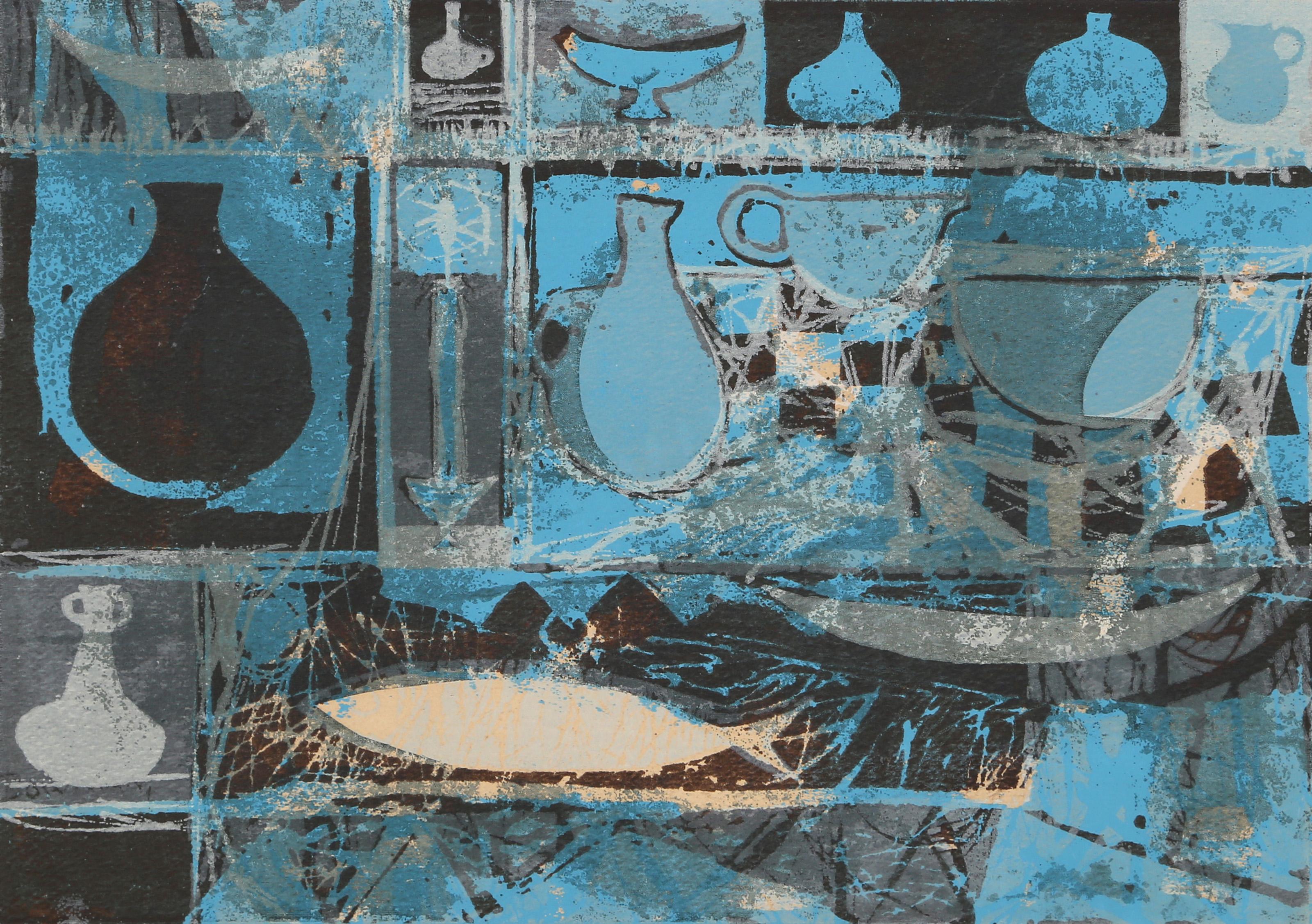  Eve Nethercott, estadounidense (1925 - 2015) -  Peces y Barcos (P2.74), Año:, Medio:  Acrílico sobre papel, Tamaño de la imagen:  7 x 10 pulgadas, Tamaño:  9  x 11 in. (22.86  x 27,94 cm), Descripción:  Dispuesta sobre un fondo plano, la