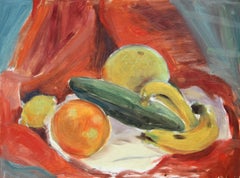 Natura morta con frutta e verdura, pittura a olio impressionista, Eve Nethercott