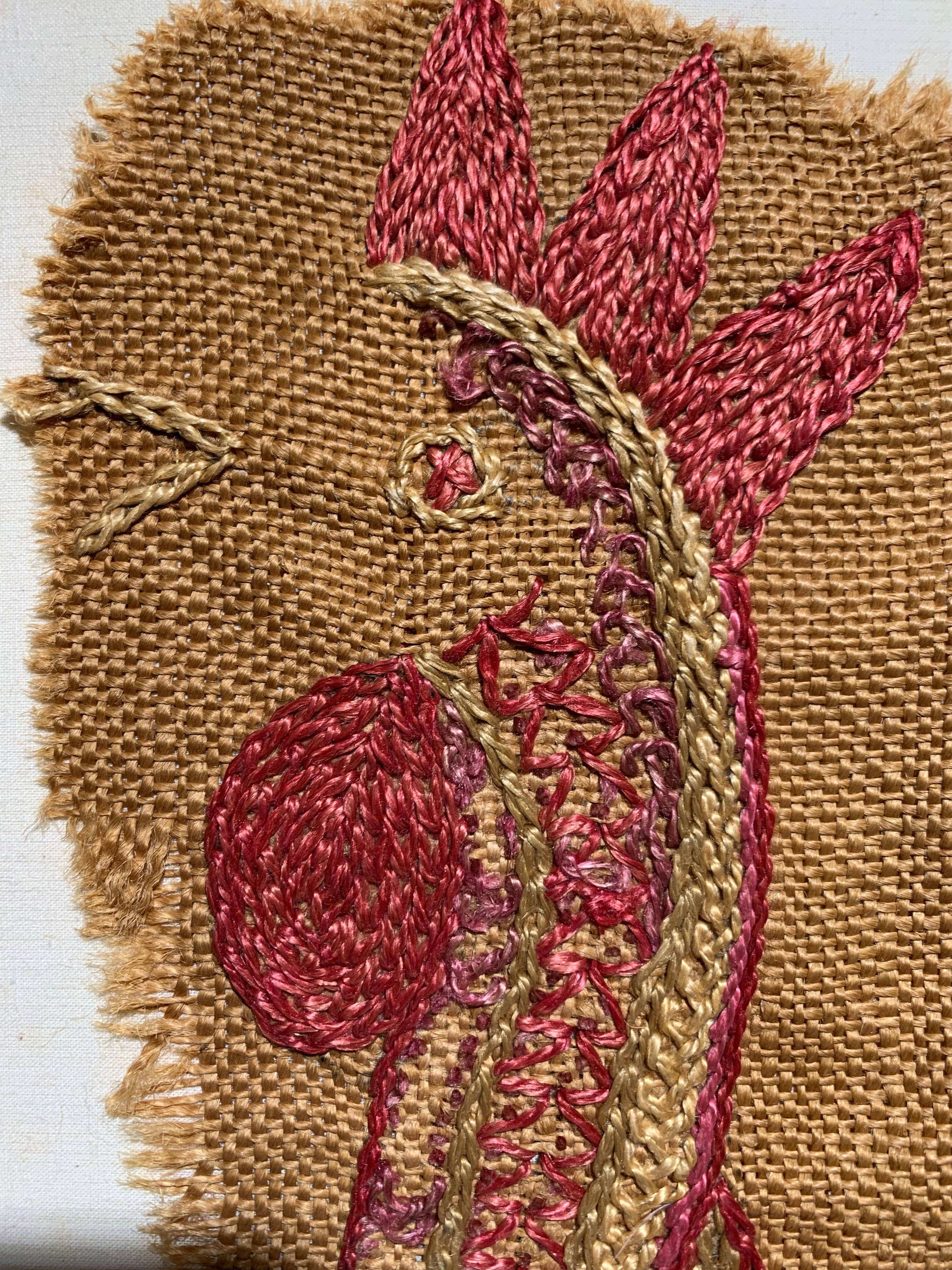 Eve Peri (1897-1966). Rooster, ca. 1935. Embroidered thread on burlap ground mounted to linen backing panel. panel measures 12.75 x 15.75 inches; 18.25 x 21.75 inches in contemporary custom frame with UV glass. Estate stamp affixed to back of panel
