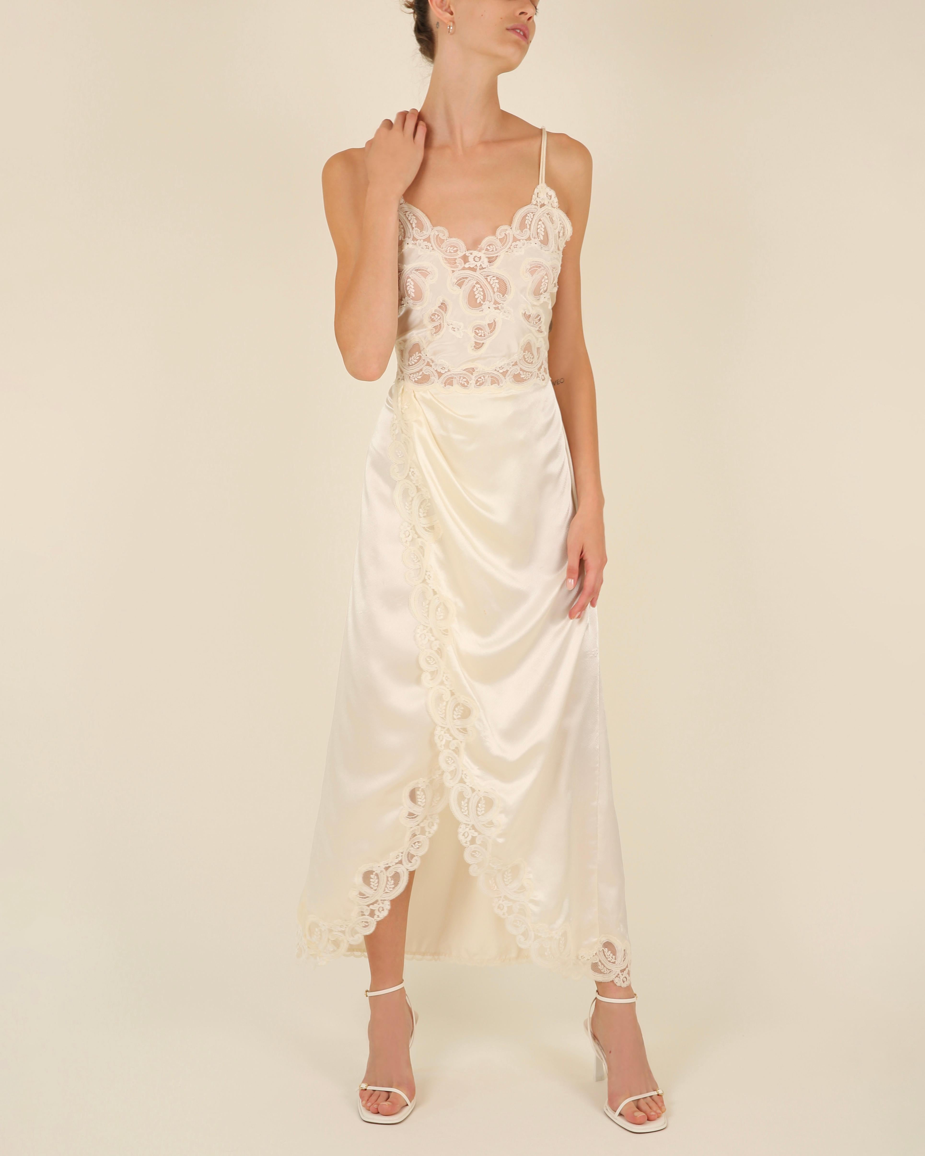 Women's Eve Stillman vintage silk ivory cream lace slit night gown slip wedding dress