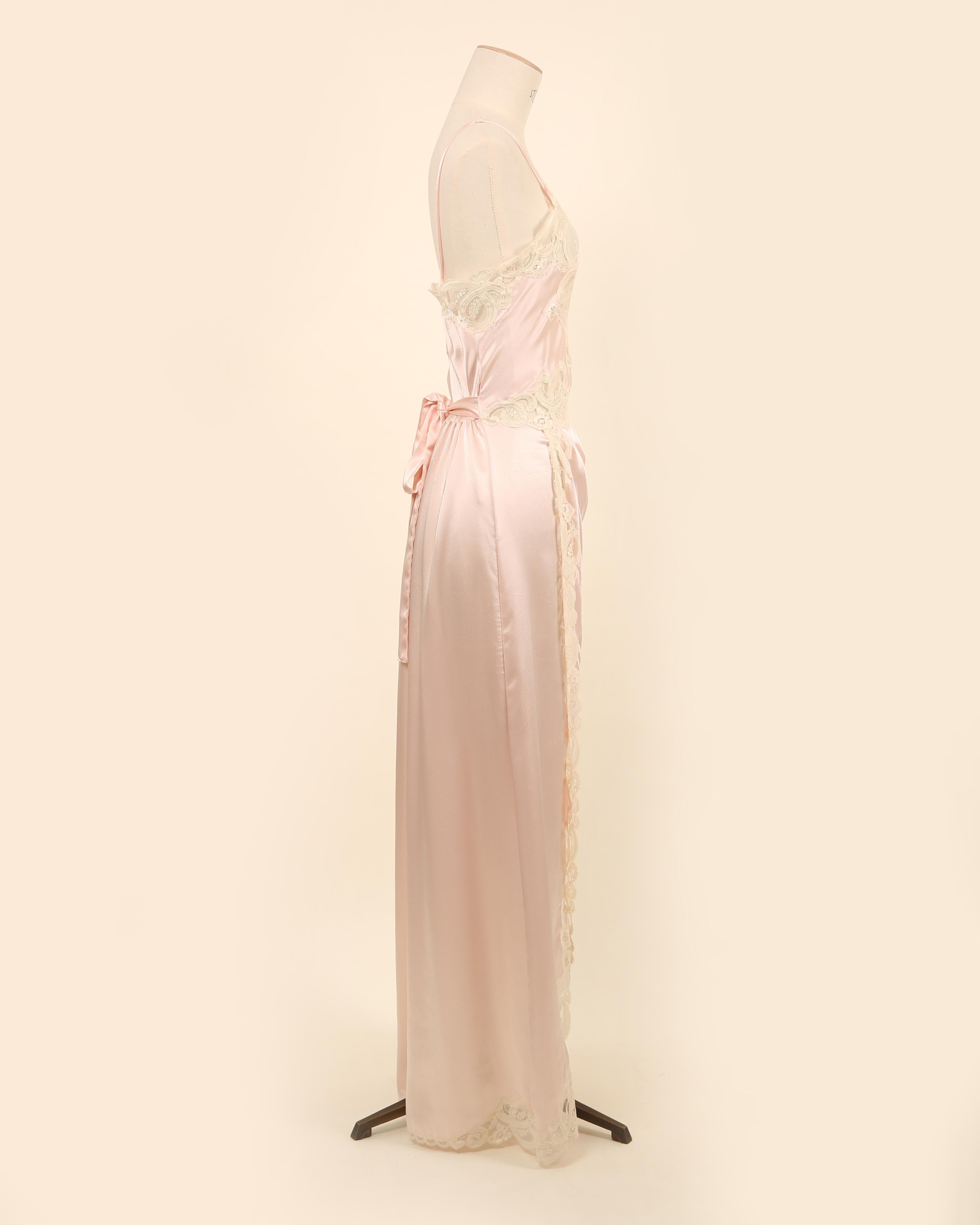 Eve Stillman vintage silk pink ivory lace slit night gown slip wedding dress For Sale 11